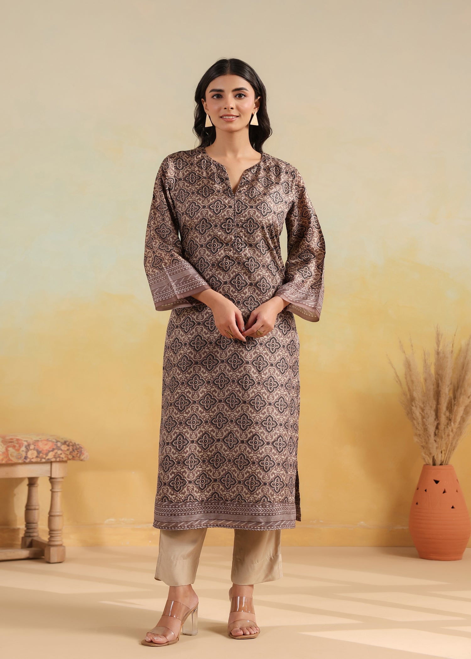Printed Silk Kurta- Brown