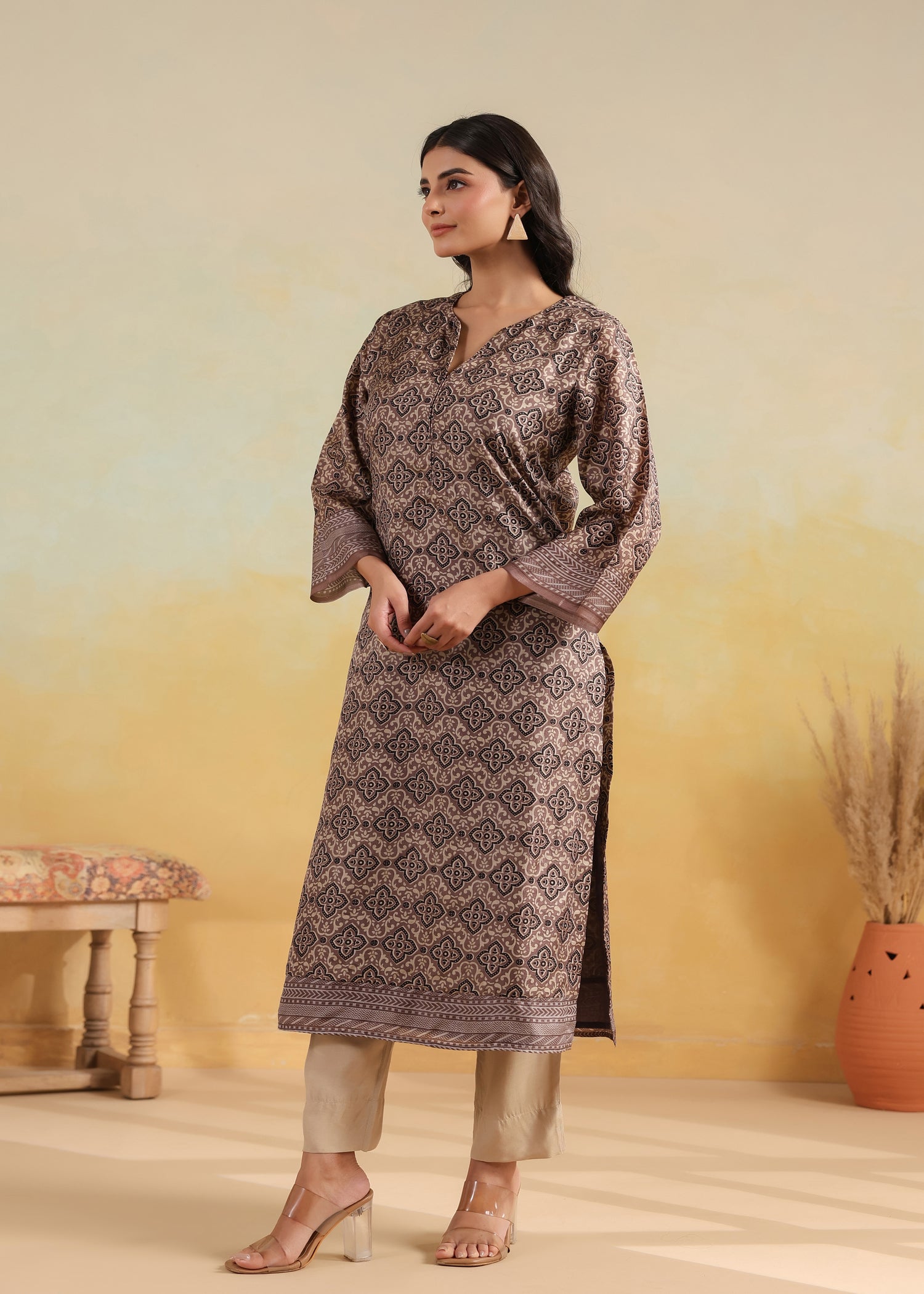 Printed Silk Kurta- Brown