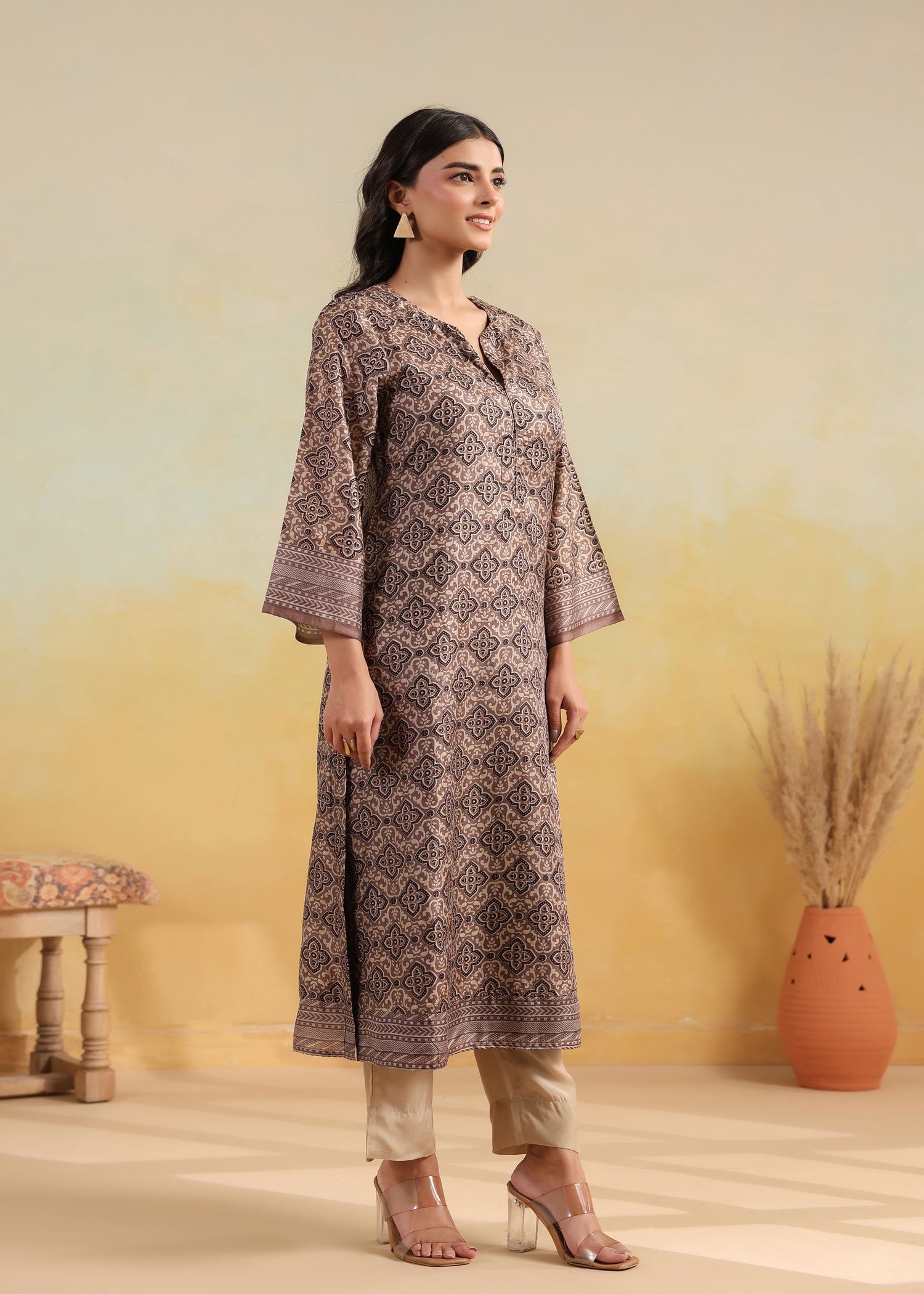 Printed Silk Kurta- Brown