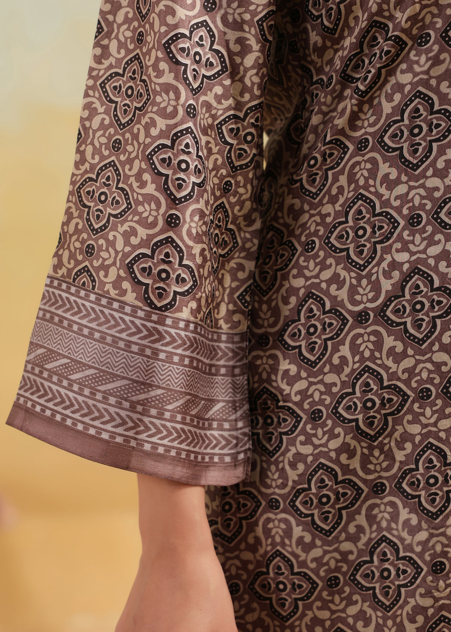 Printed Silk Kurta- Brown