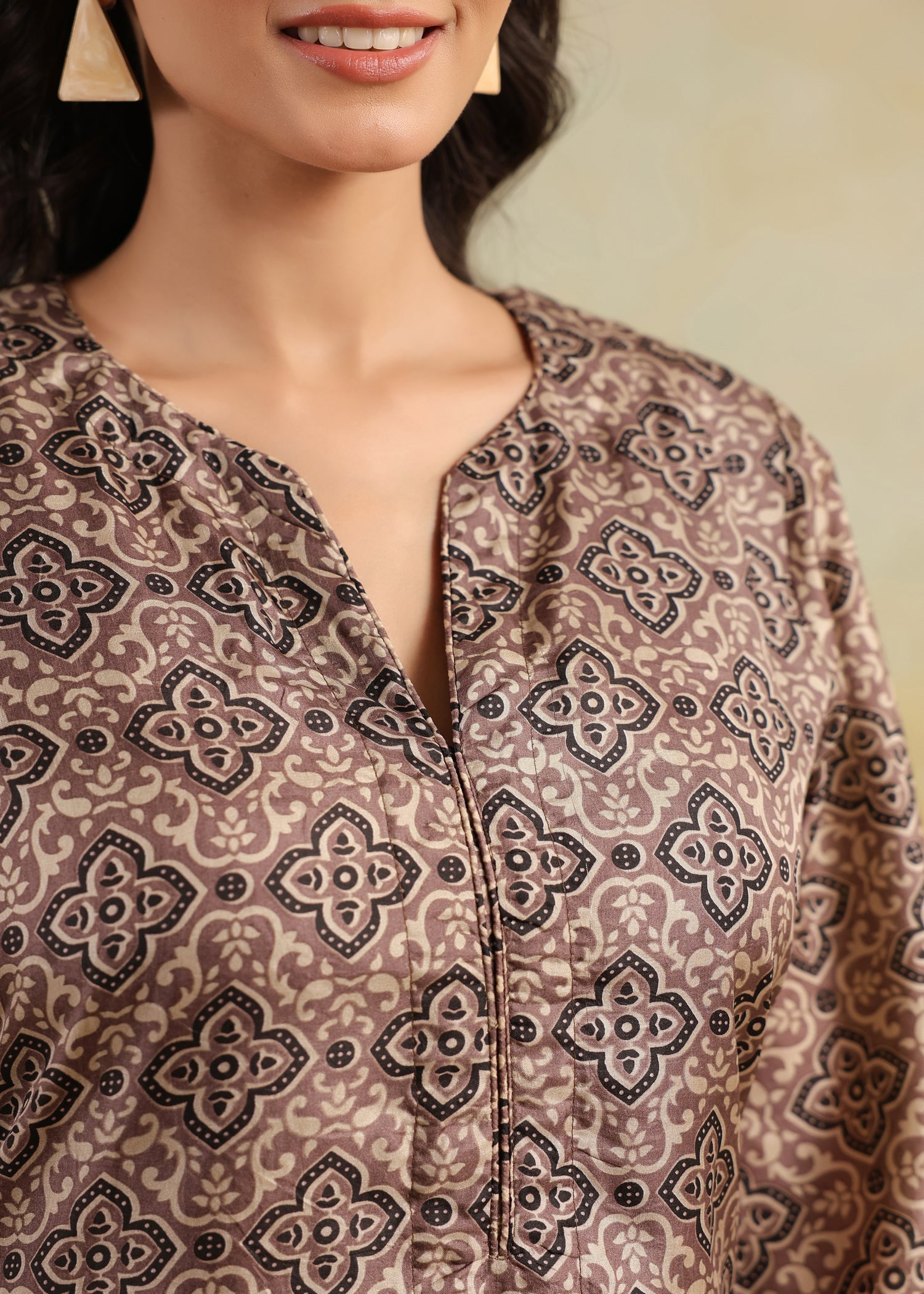 Printed Silk Kurta- Brown