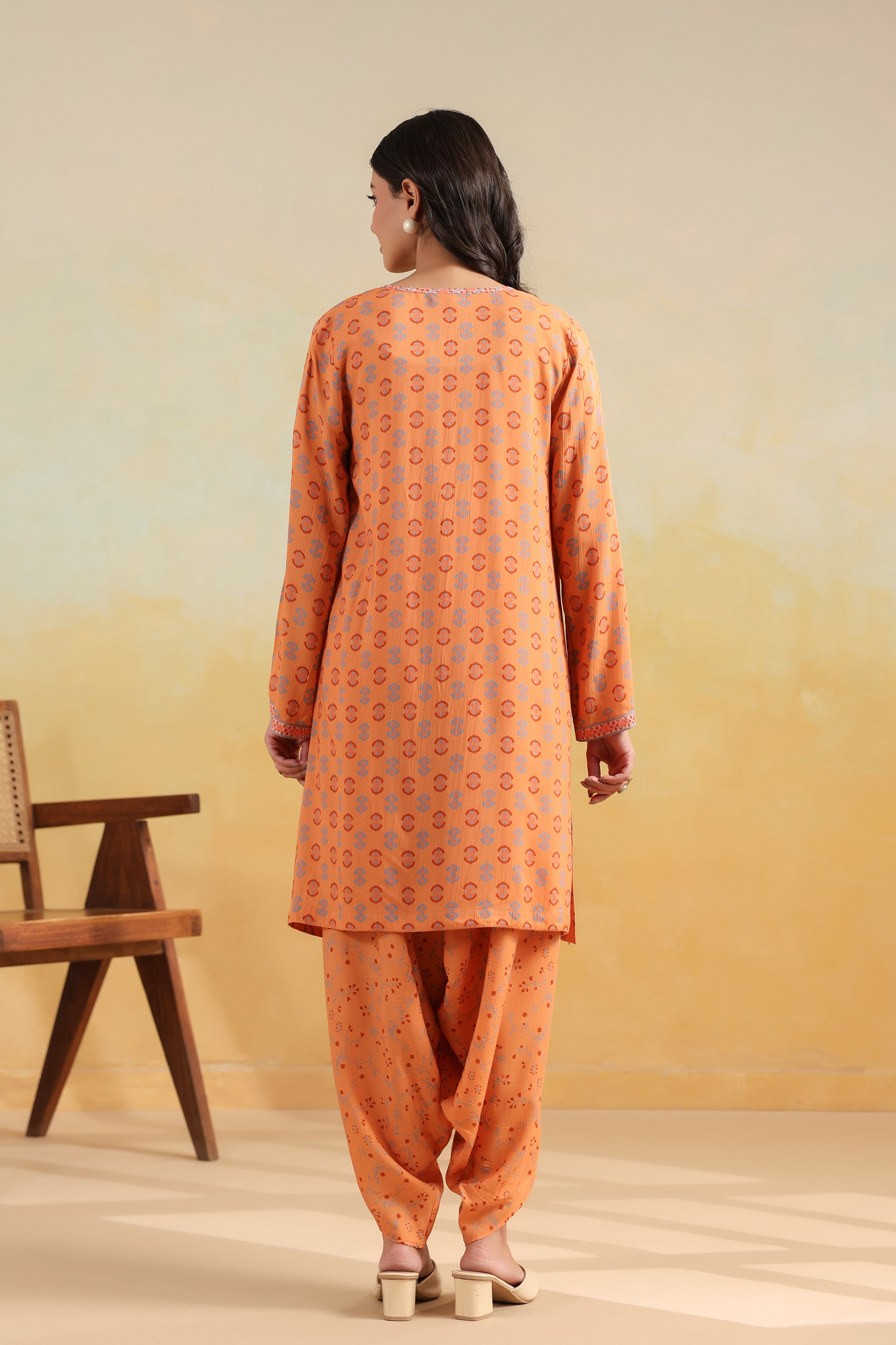 Bell Sleeve Short Kurta Set – Peach Caramel