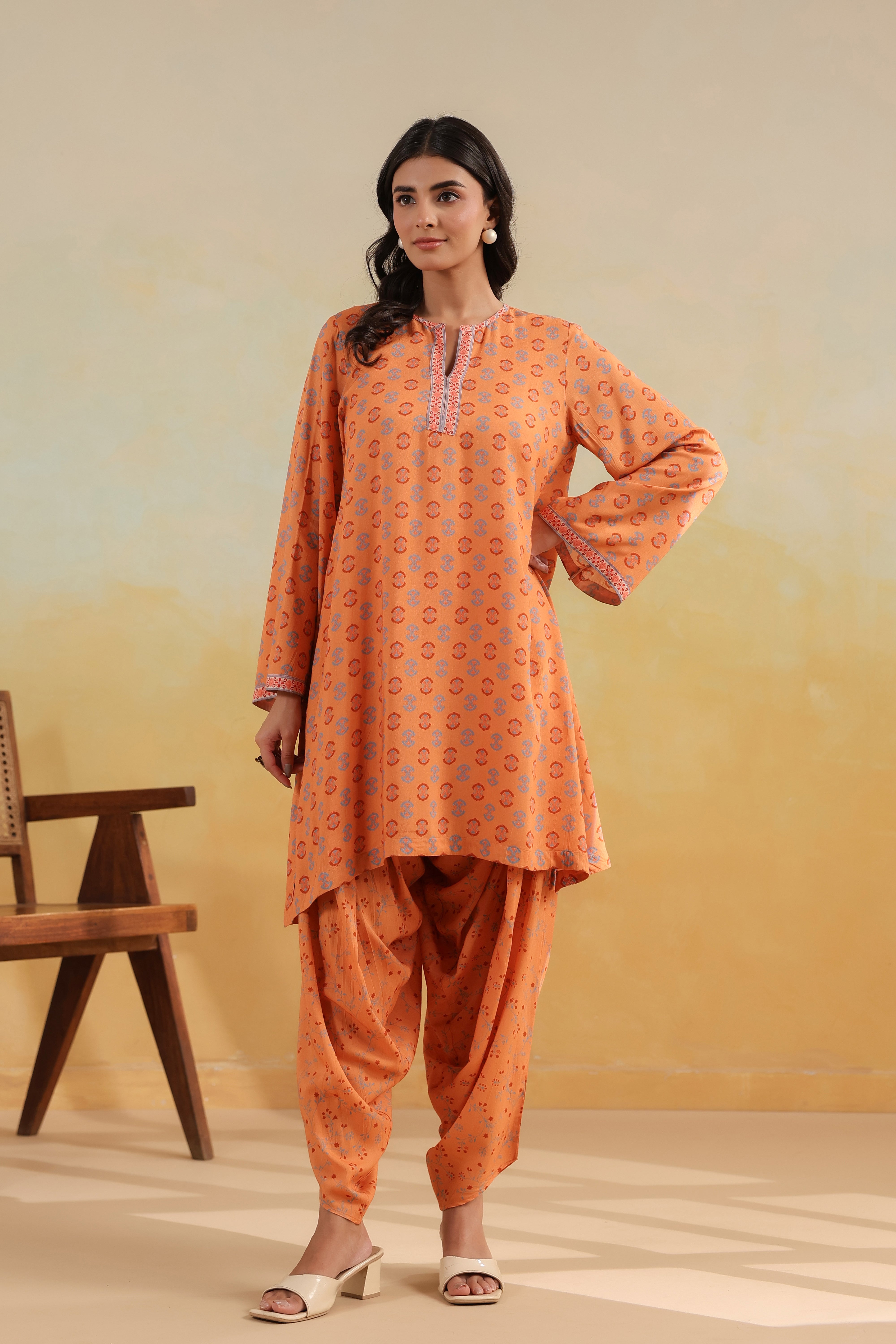 Bell Sleeve Short Kurta Set – Peach Caramel