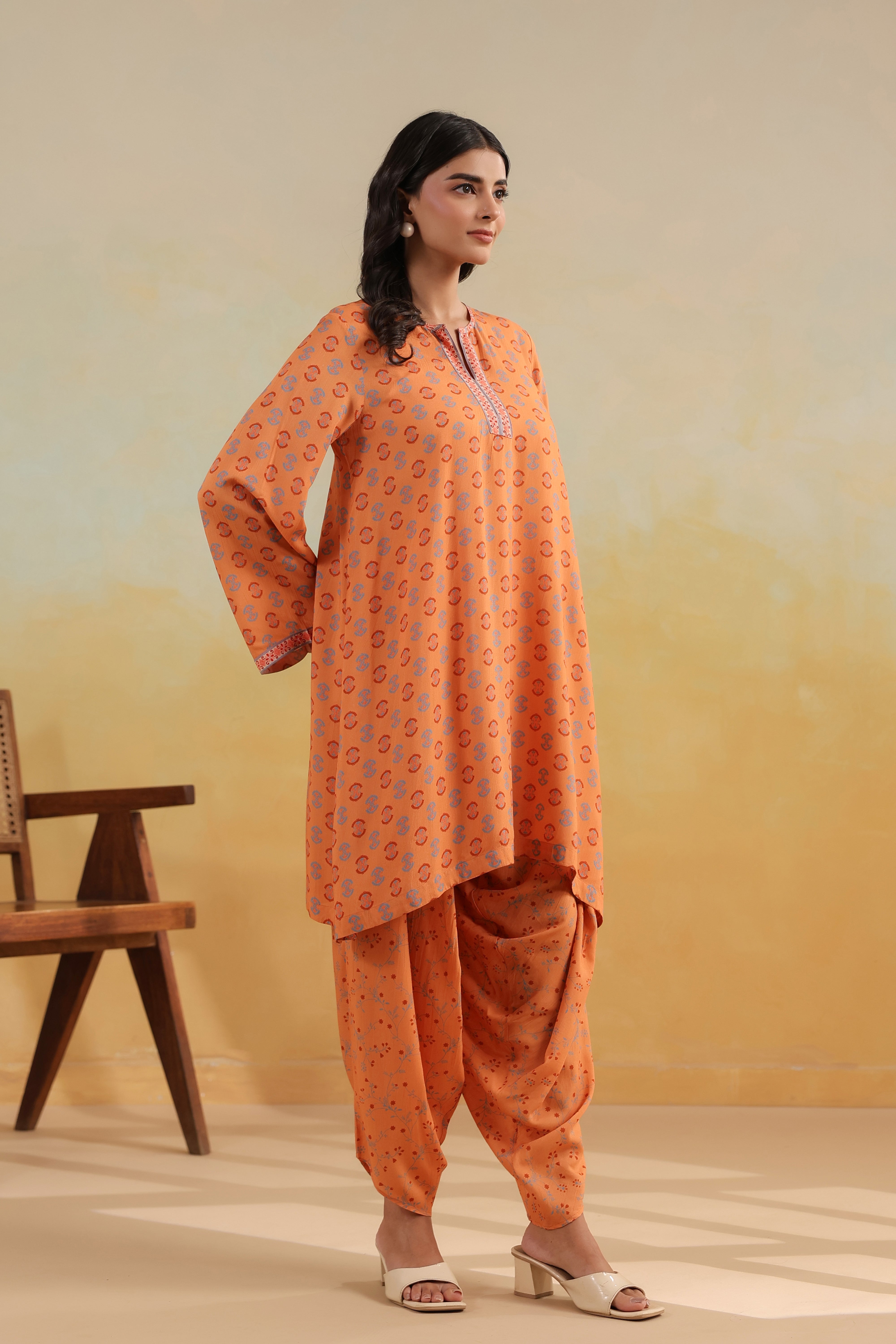 Bell Sleeve Short Kurta Set – Peach Caramel