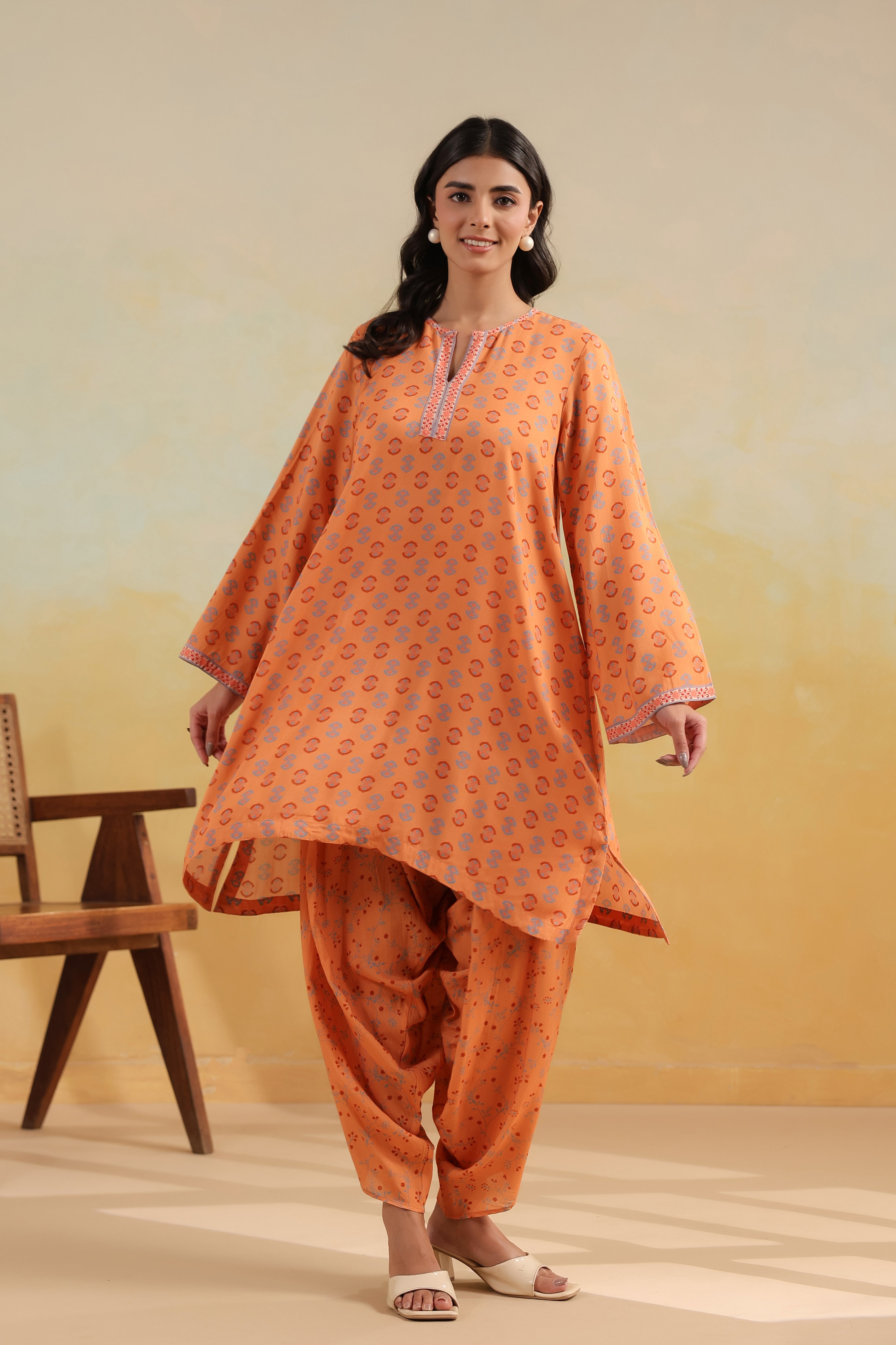Bell Sleeve Short Kurta Set – Peach Caramel