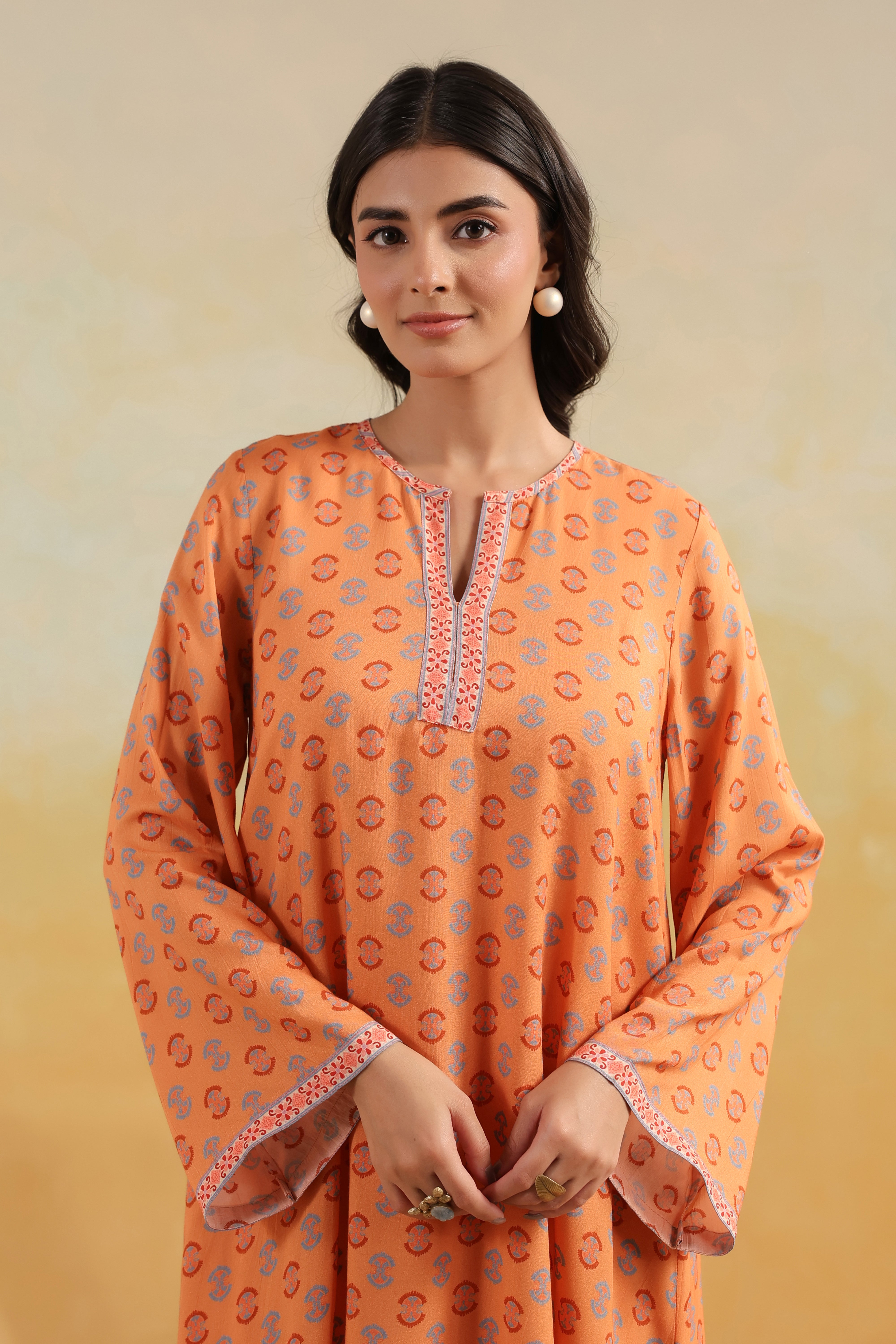 Bell Sleeve Short Kurta Set – Peach Caramel