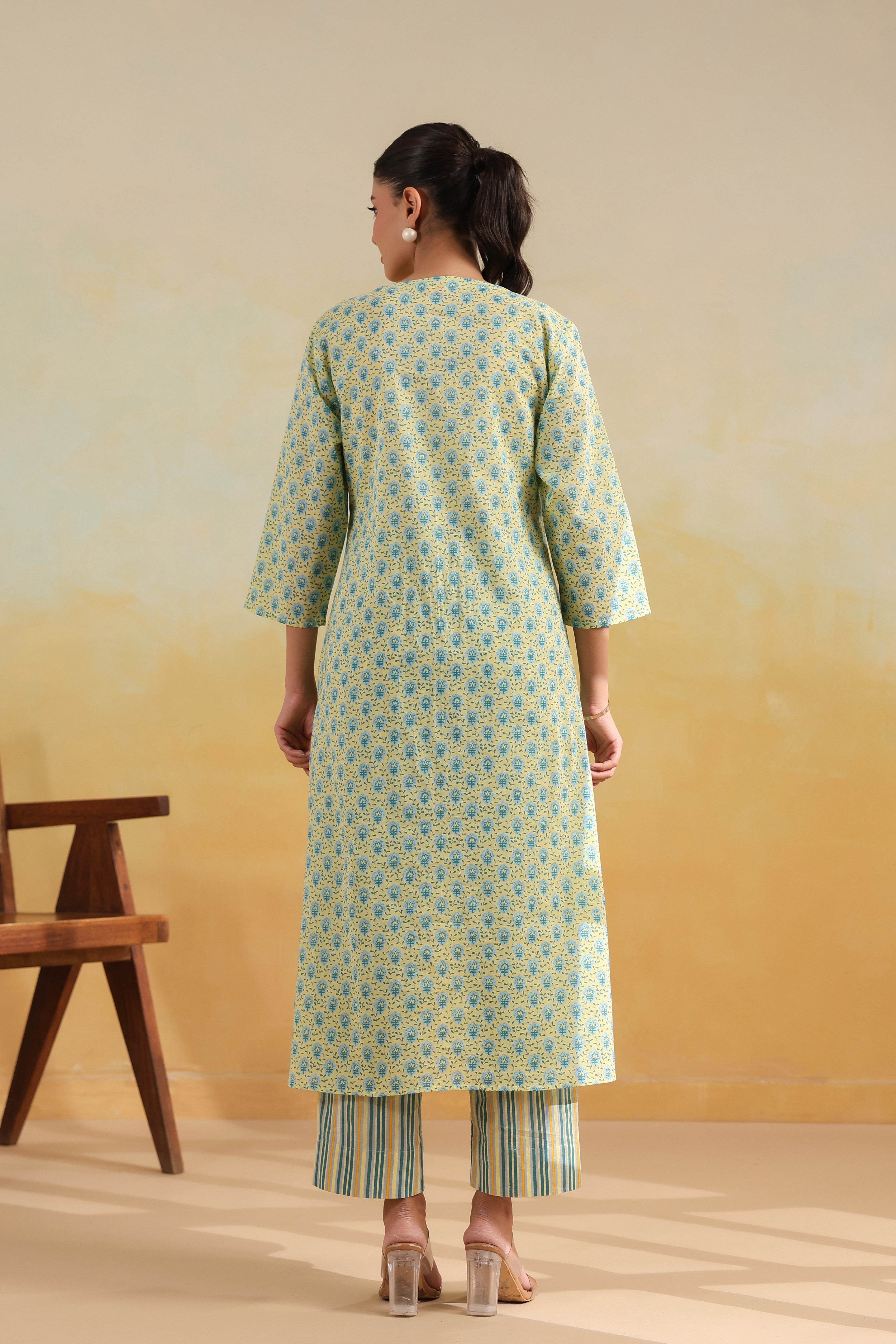 A-Line Gathered Kurta-Yellow