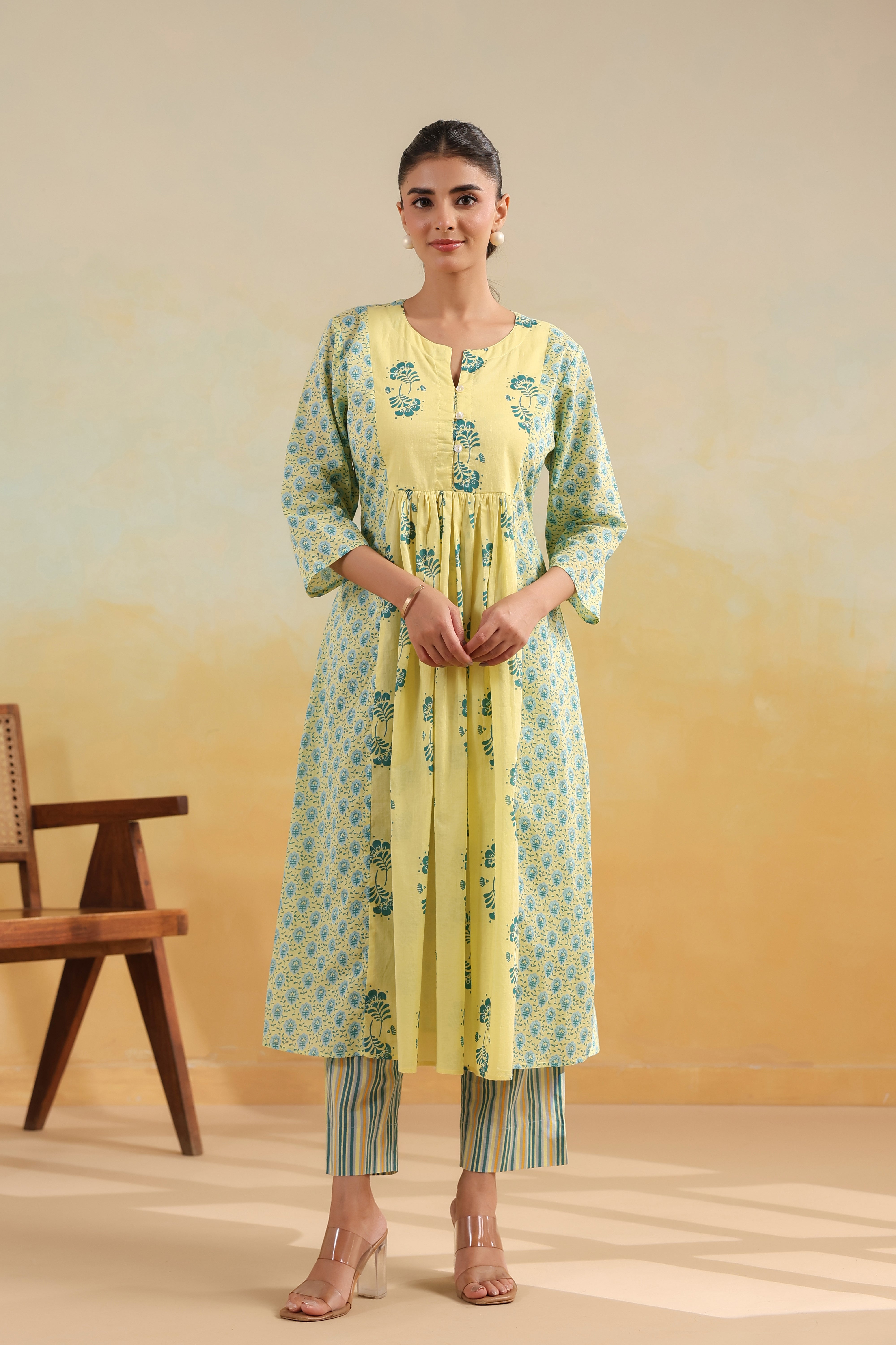 A-Line Gathered Kurta-Yellow