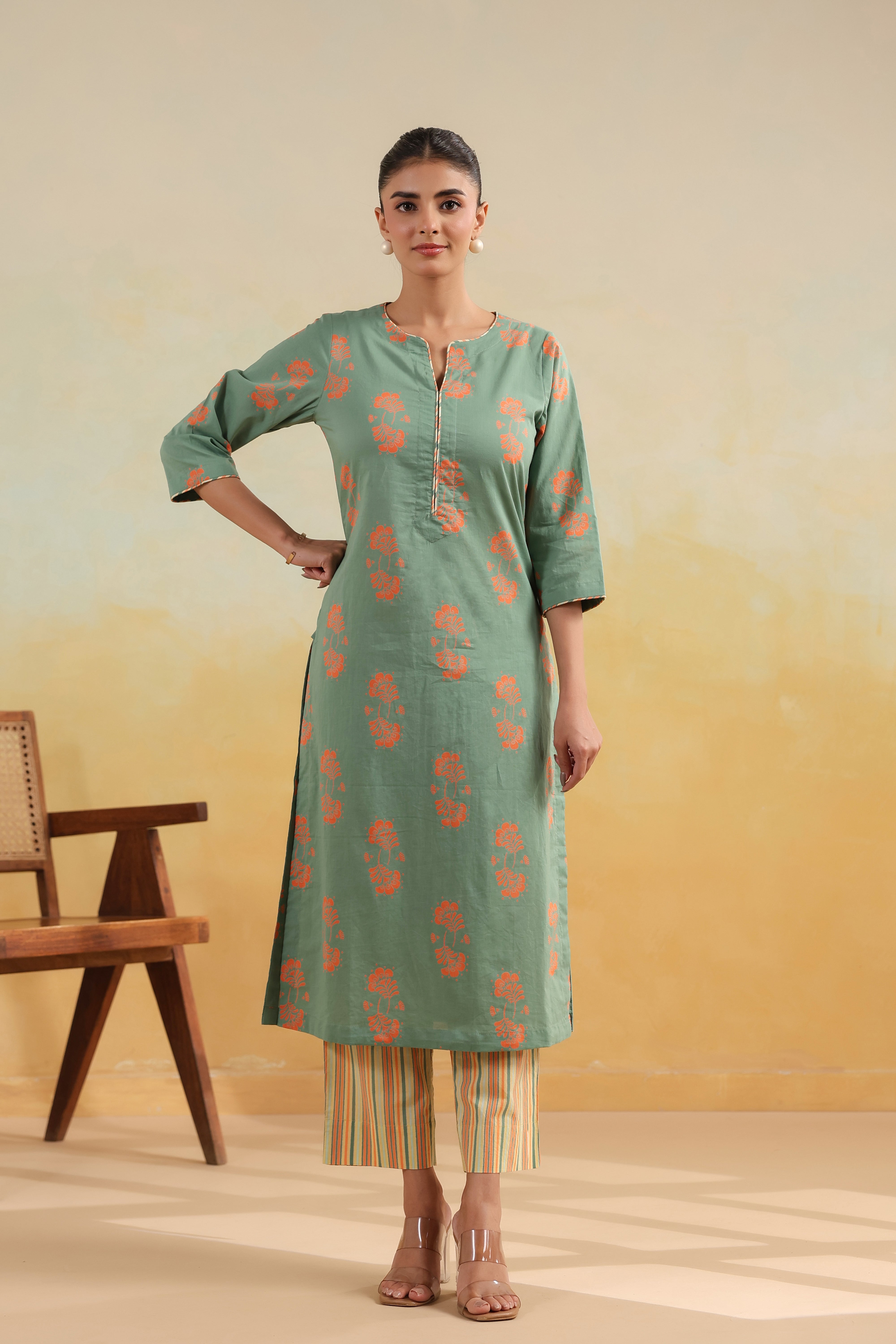 Regular Cotton Kurta-Sage Green