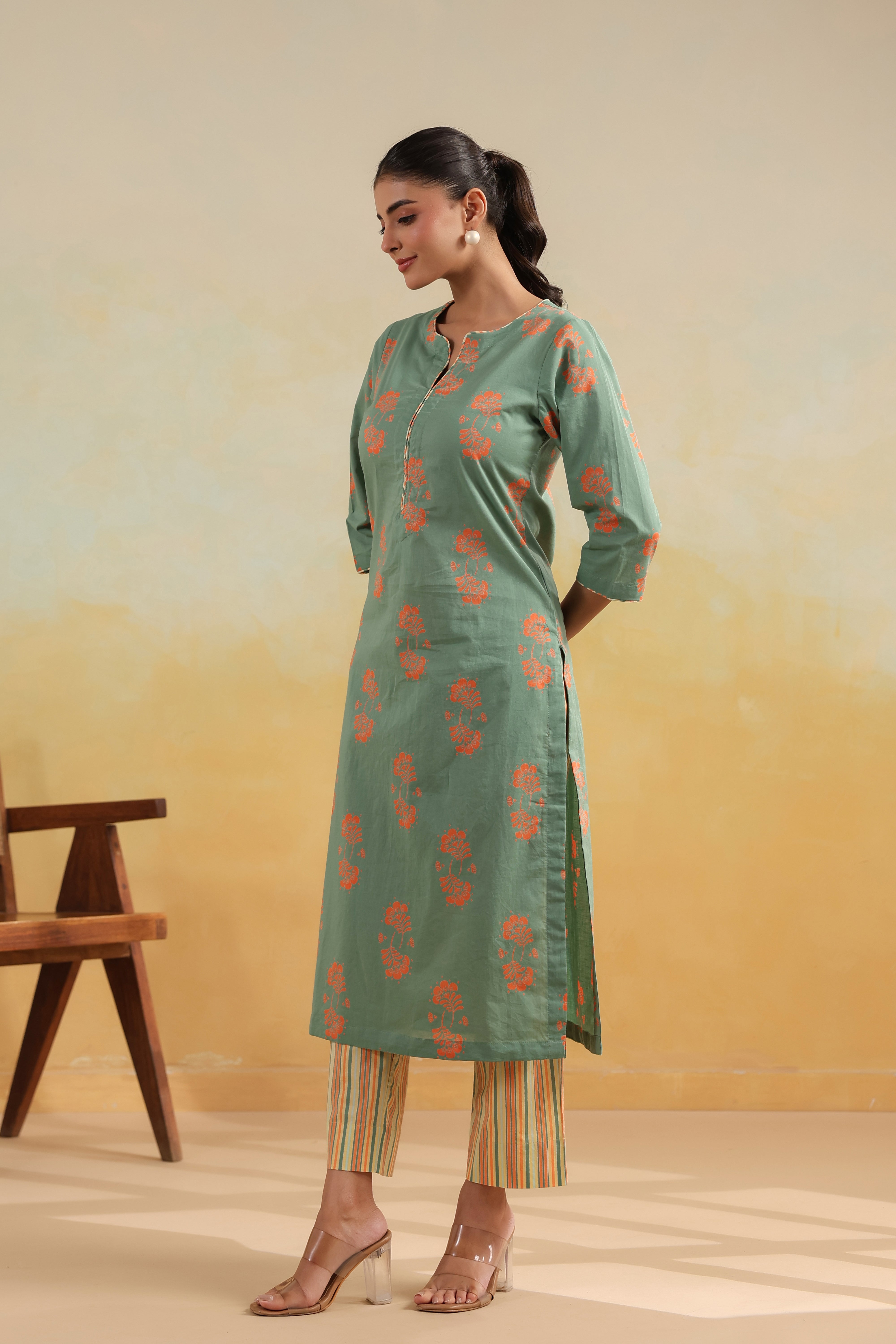 Regular Cotton Kurta-Sage Green