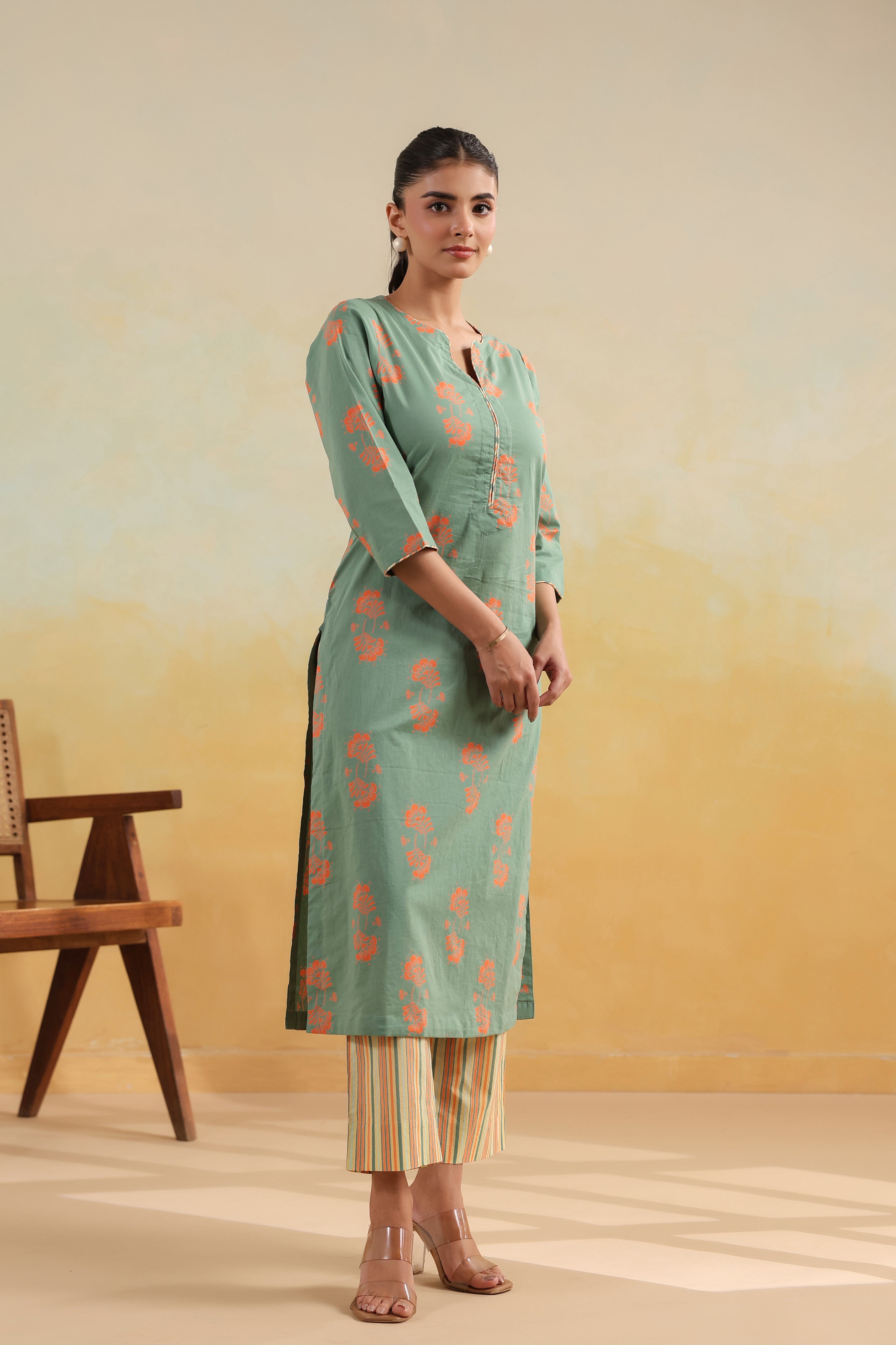Regular Cotton Kurta-Sage Green