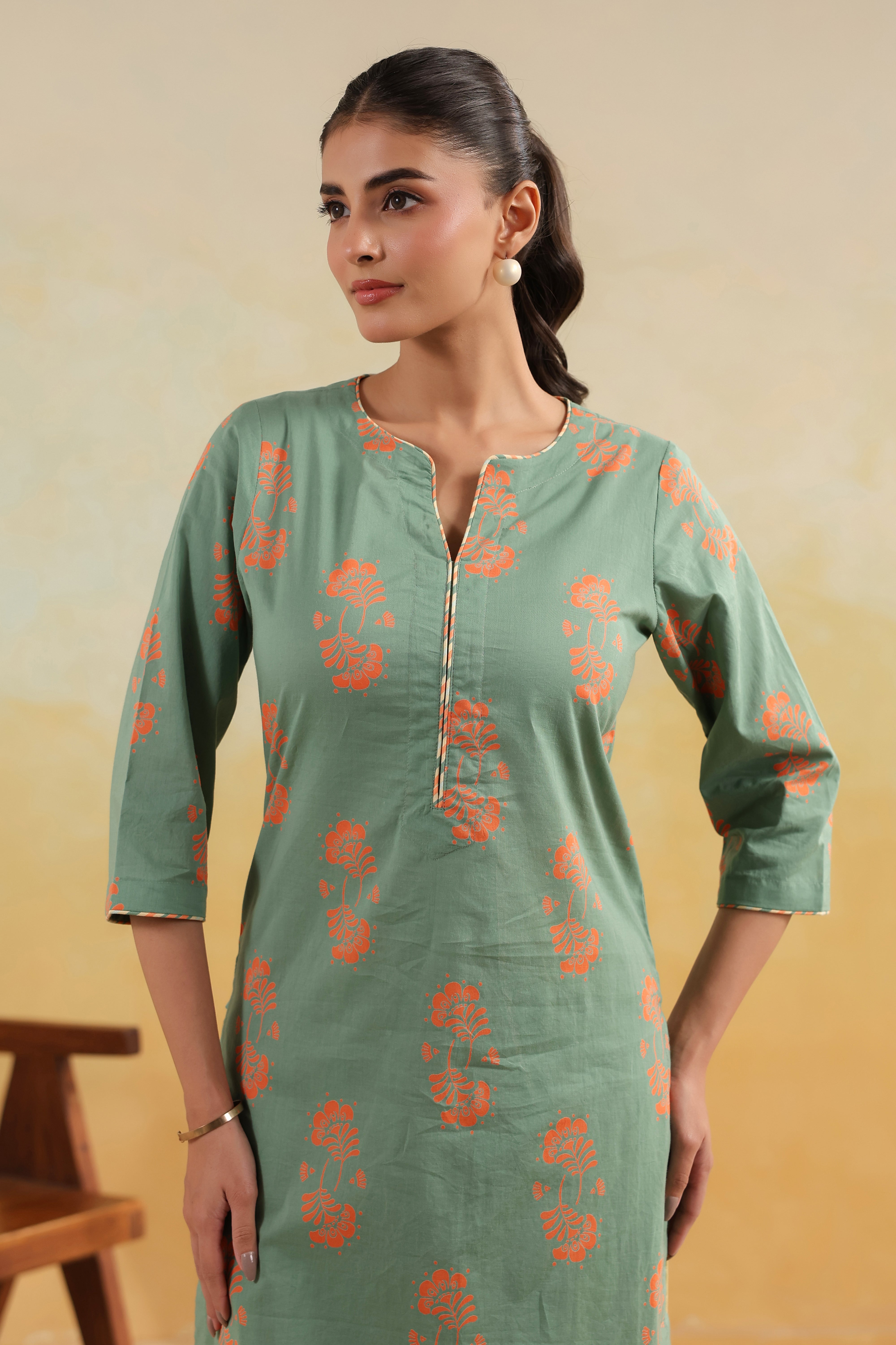 Regular Cotton Kurta-Sage Green