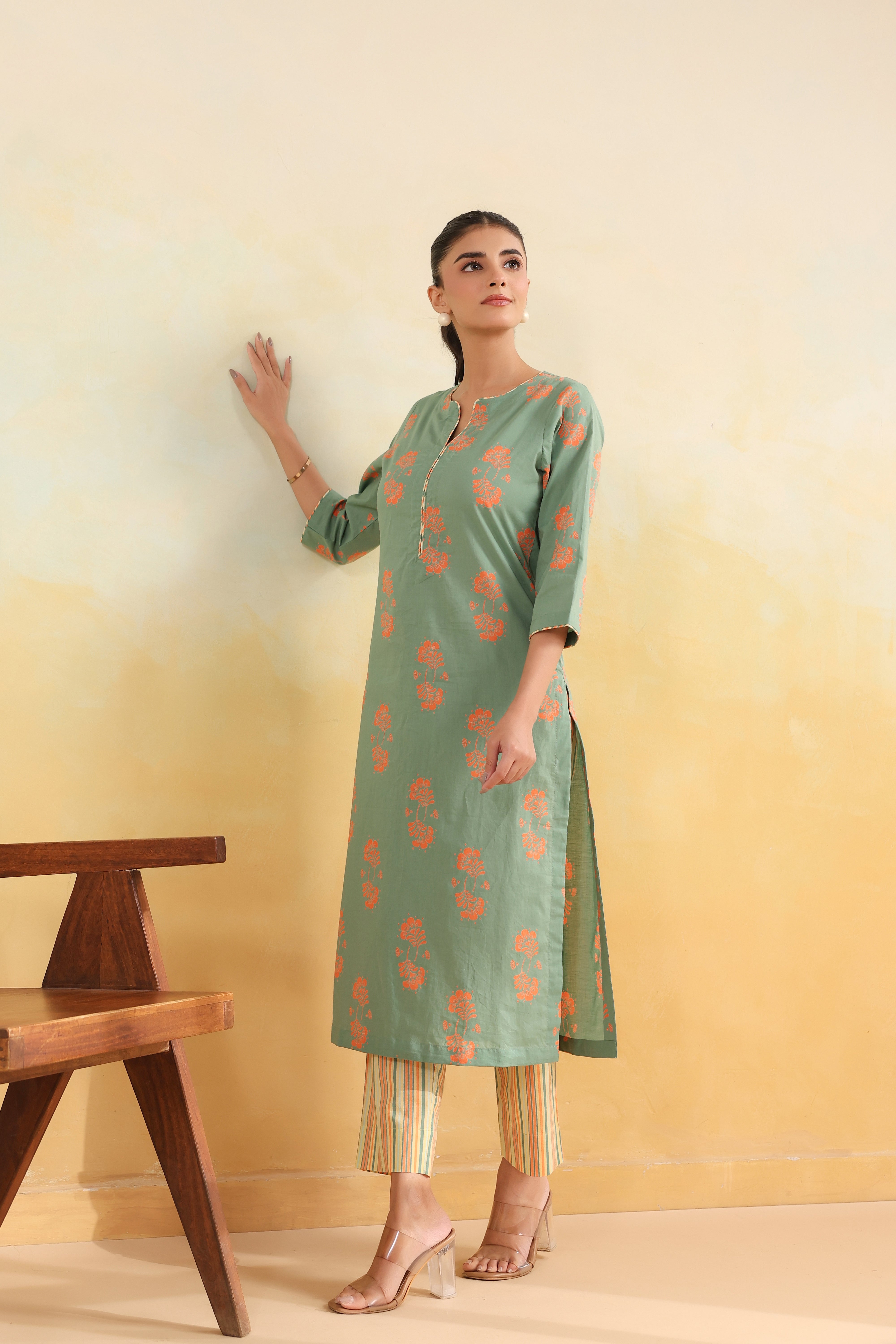 Regular Cotton Kurta-Sage Green