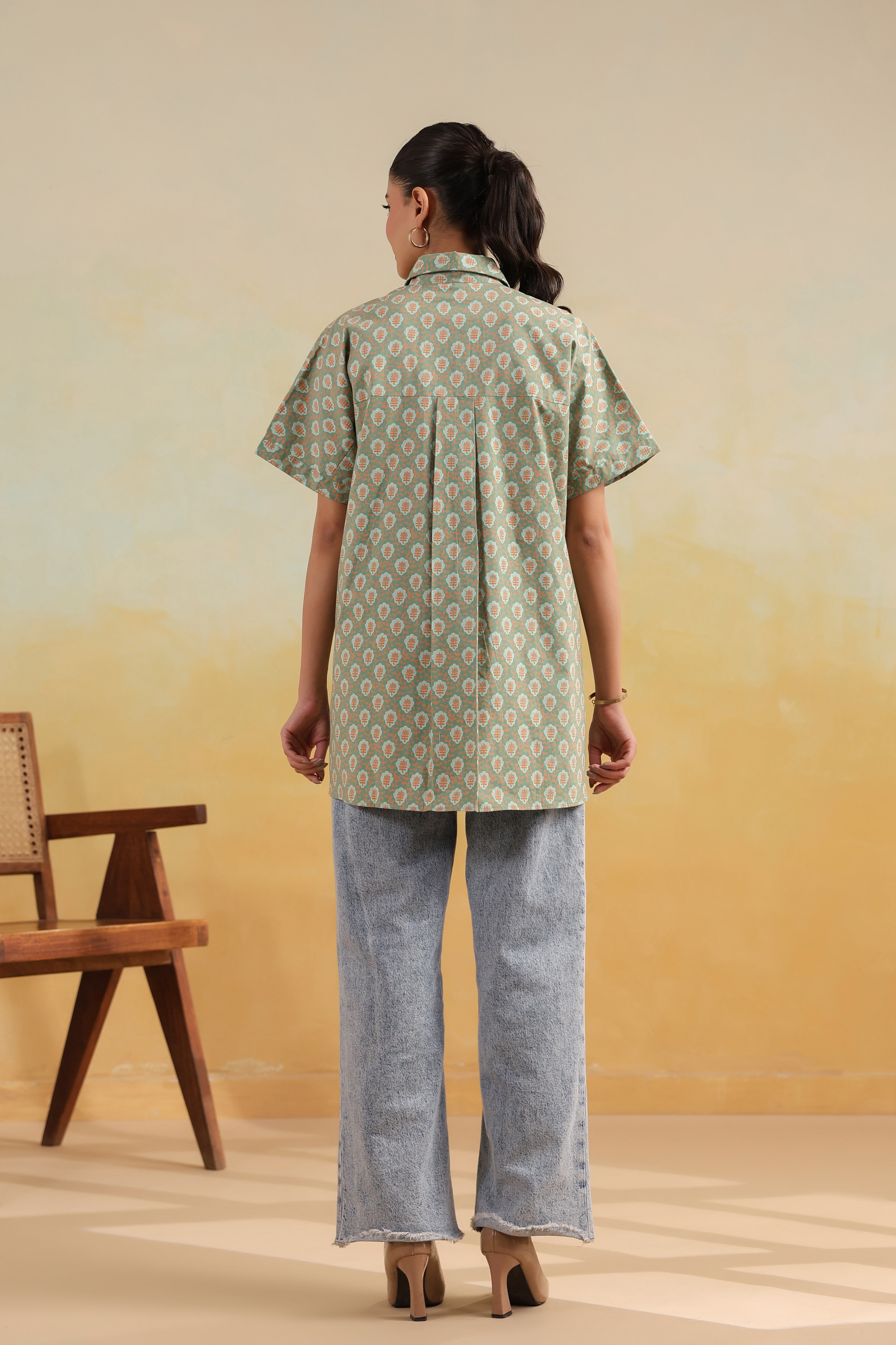 Drop Shoulder Oversized Shirt-Green