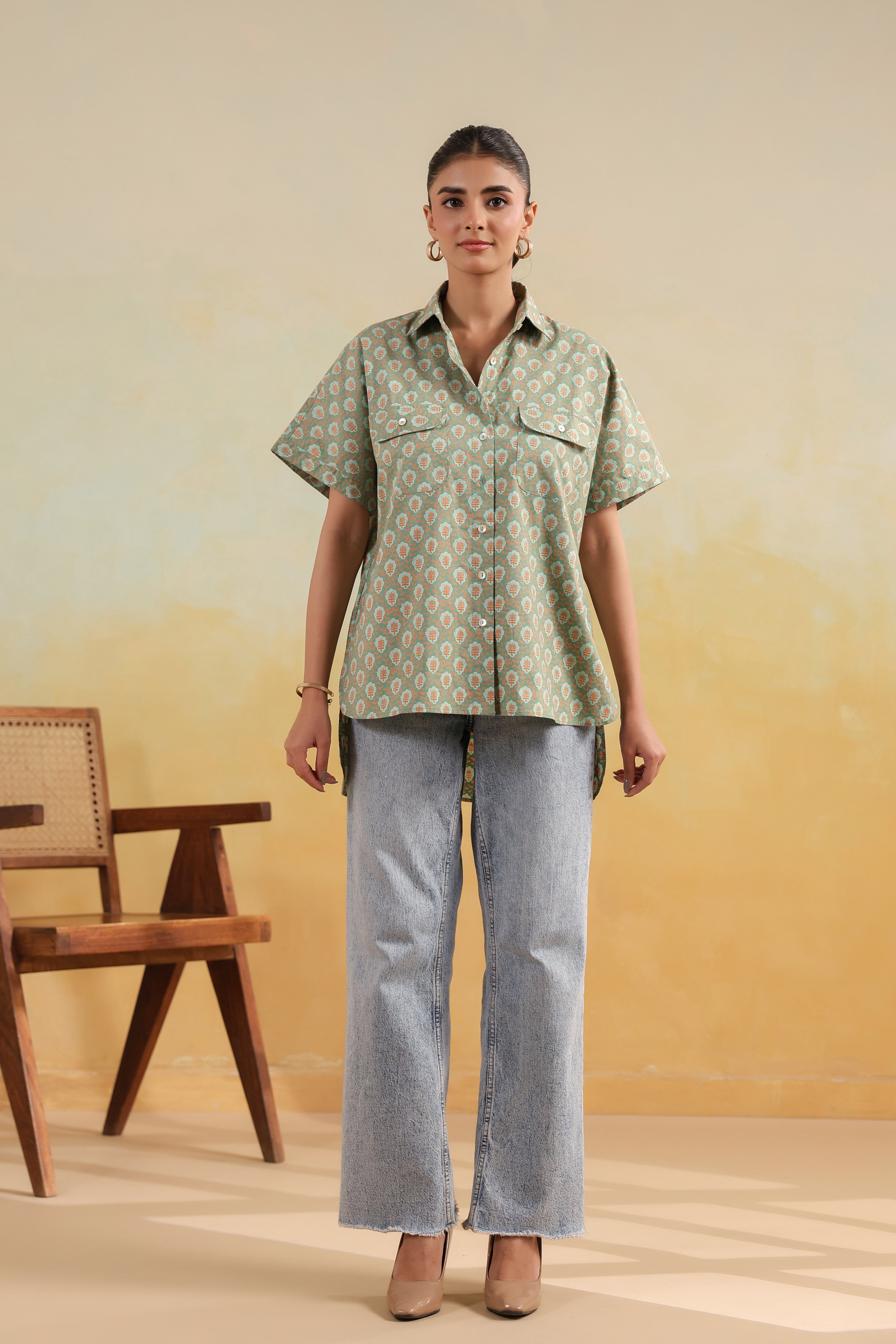 Drop Shoulder Oversized Shirt-Green