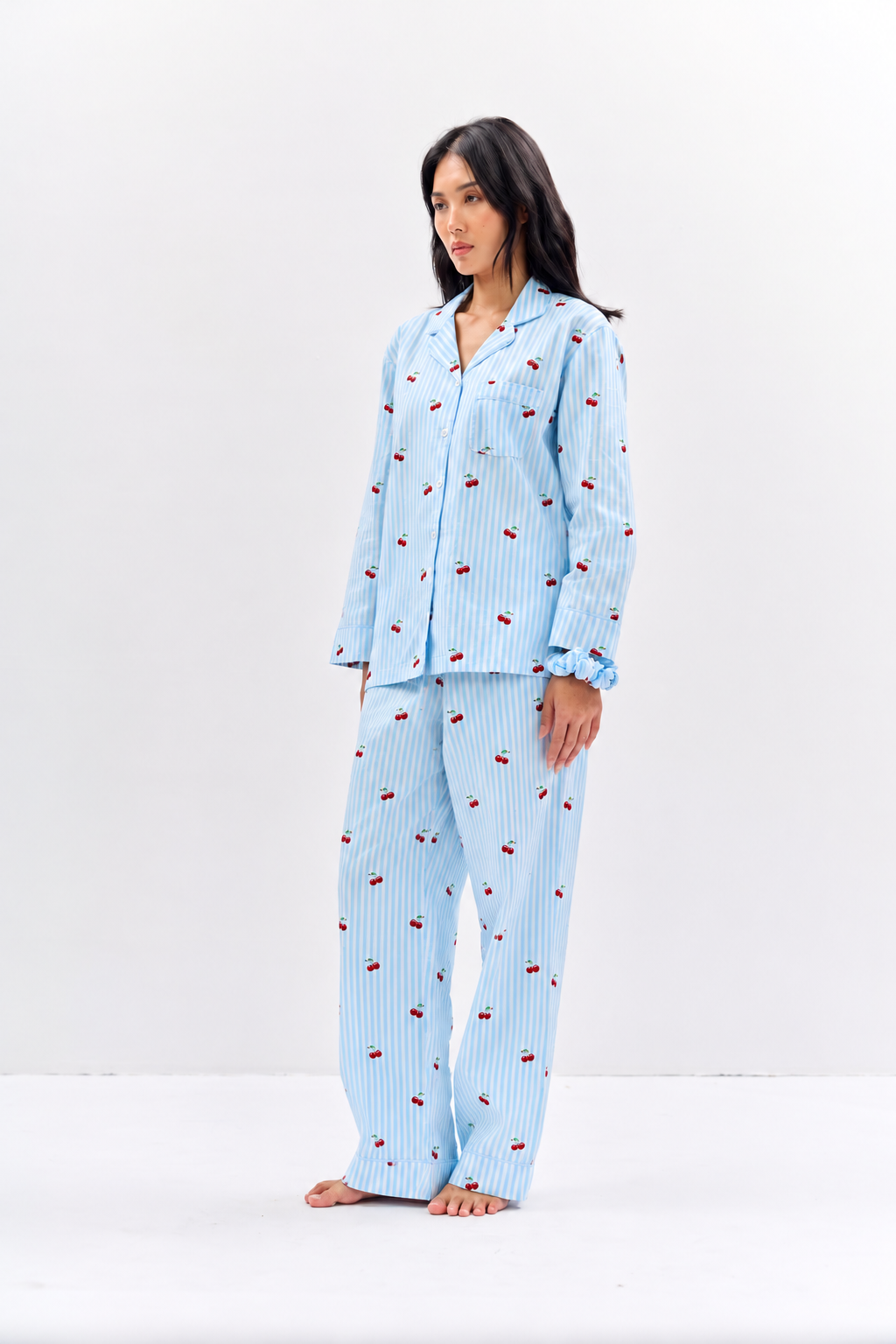 Cherry Print Cotton Night Suit Set-Aqua Blue