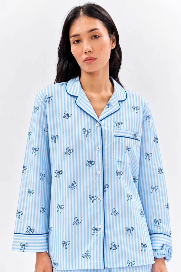 Bow Print Cotton Night Suit Set-Blue
