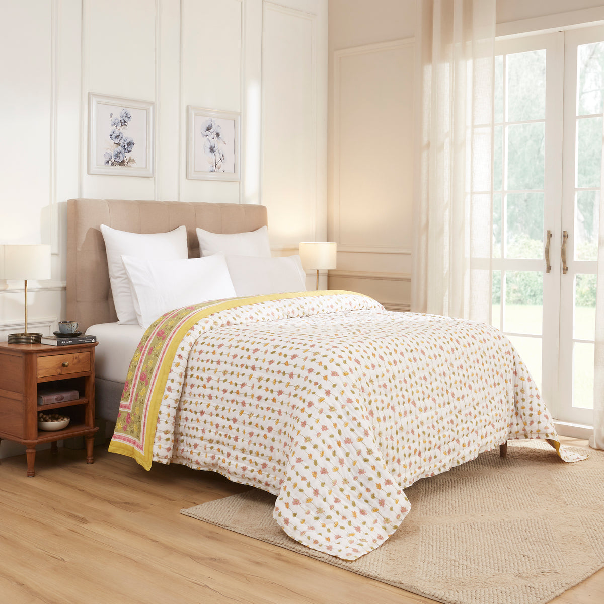 Pond of Lotus Cotton Quilt – Yellow/Green