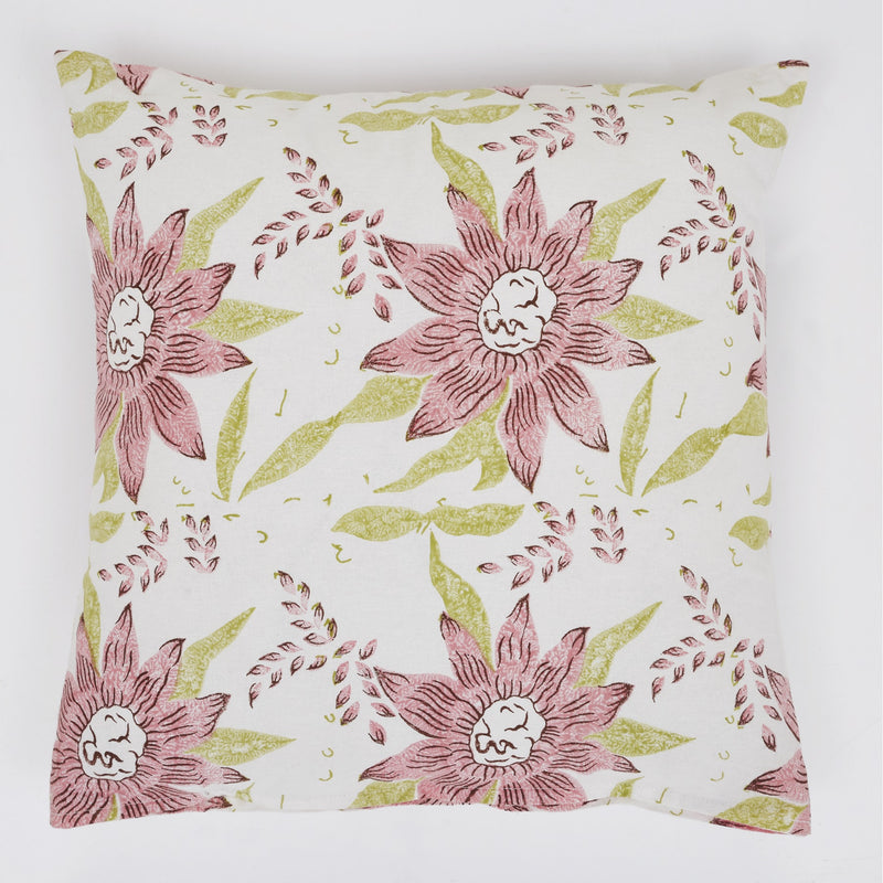 Sunflower Green & Pink Hand Block Print Cotton Cushion Cover