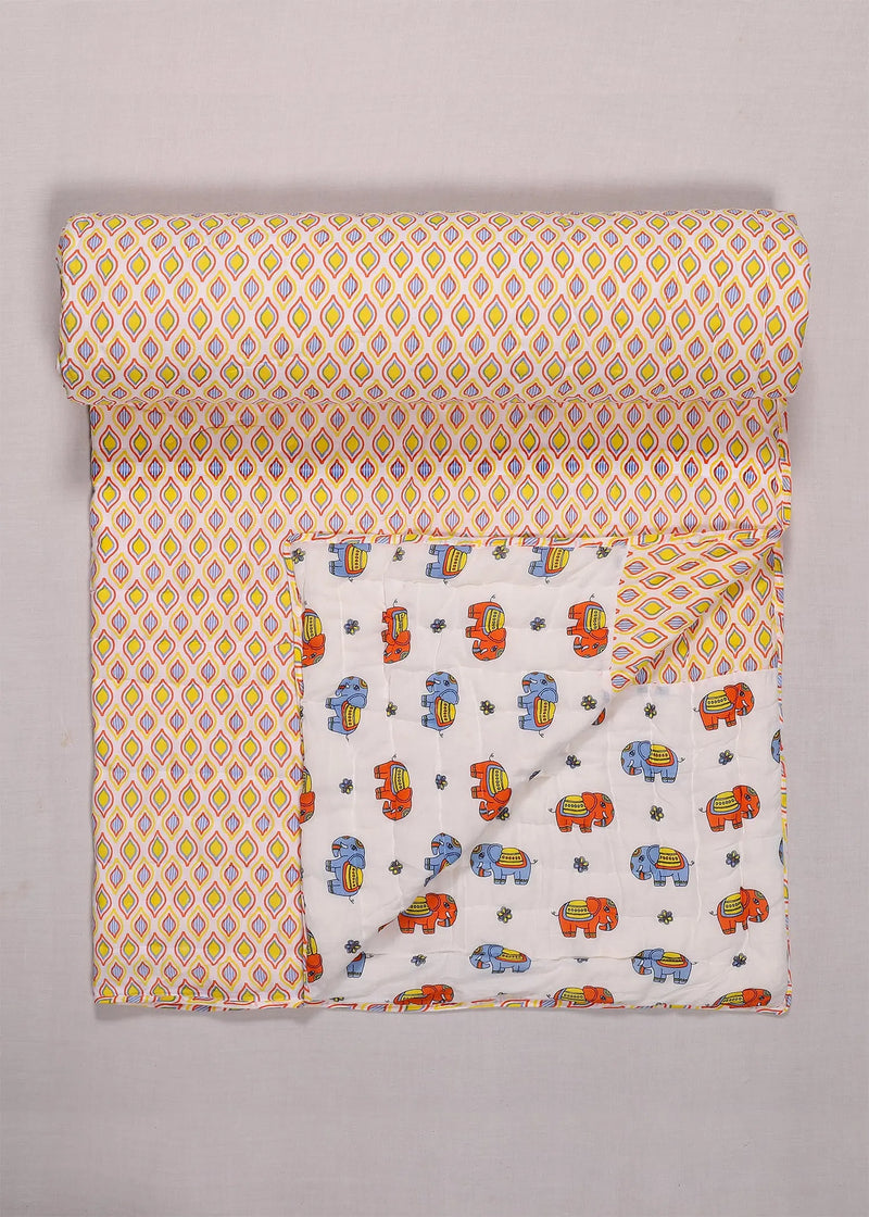Bholu Hathi Blue/Orange Cotton Quilt Kids
