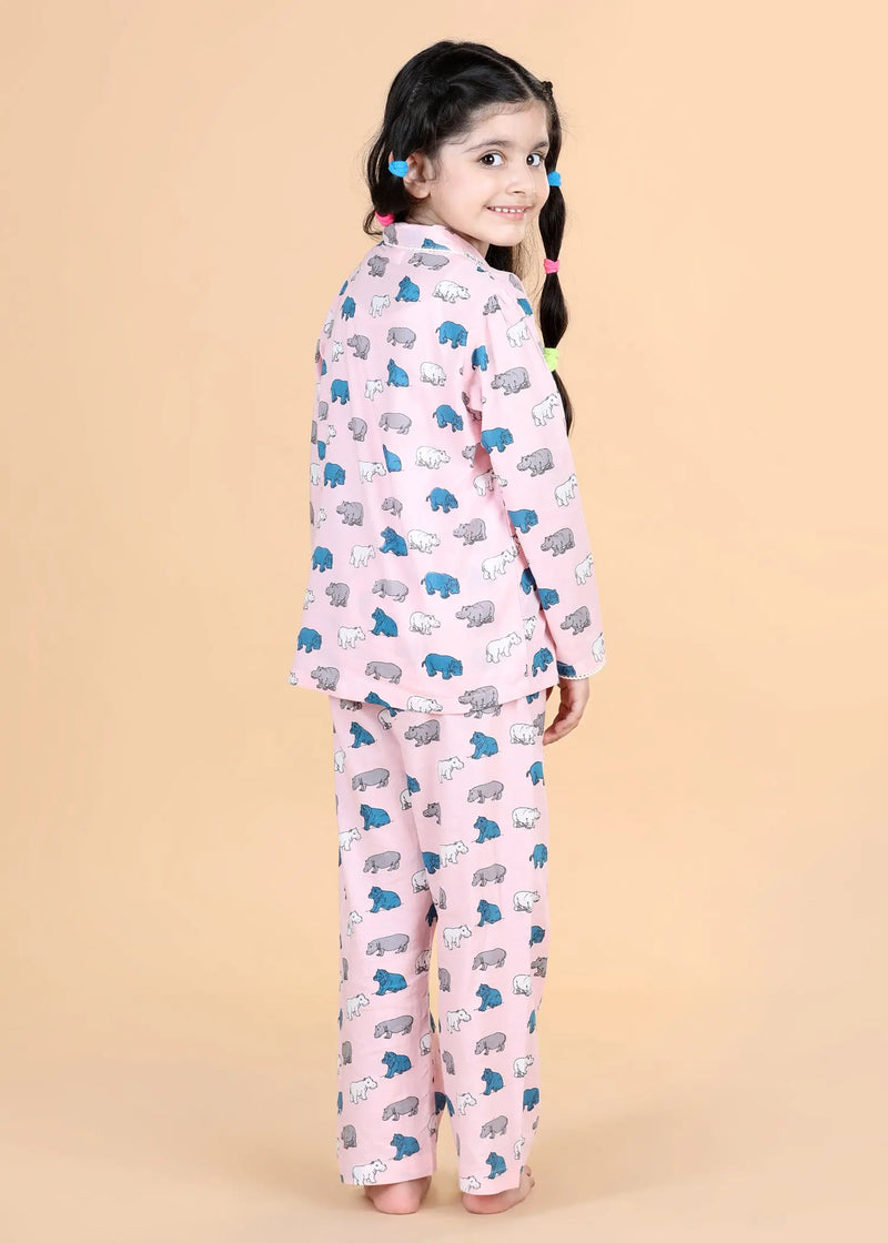 Hippo Pink Full Sleeves Cotton Nighsuit Girl (1-12 Years)