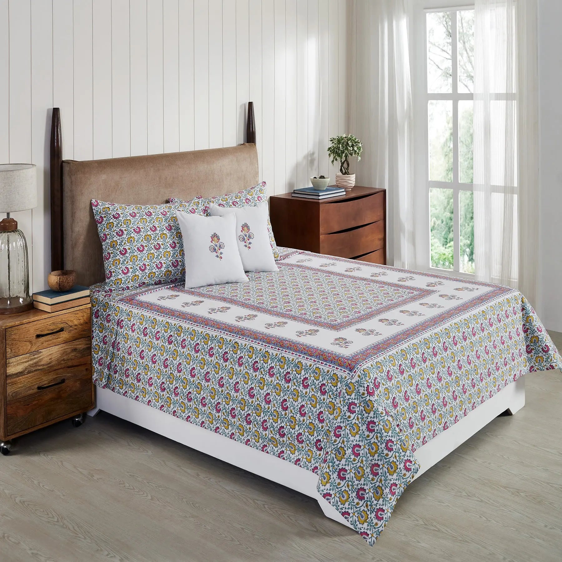 Eva Jaal Blue & Multi Hand Block Printed Cotton Bedcover