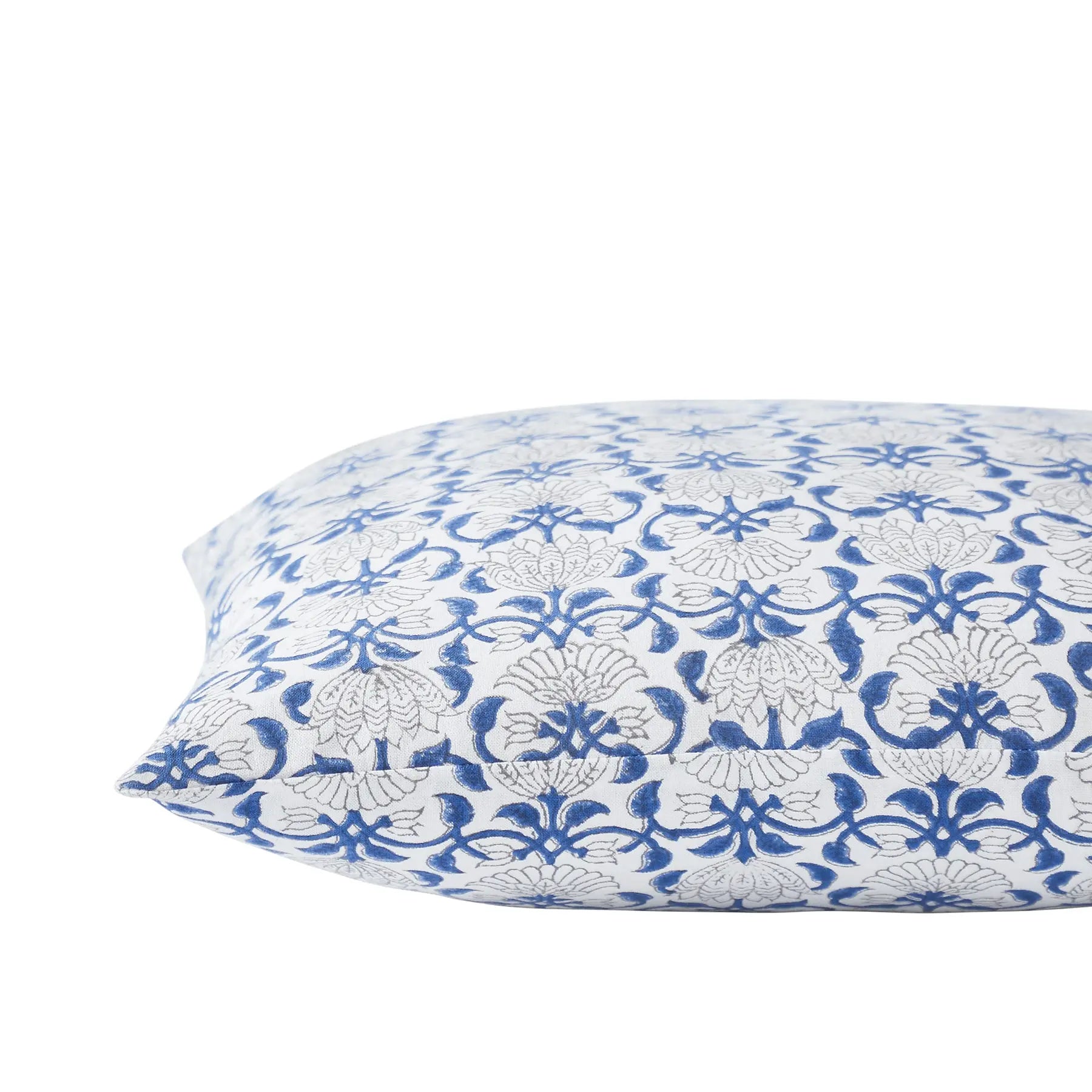 Peonia Blue Hand Block Printed Cotton Cushion Cover