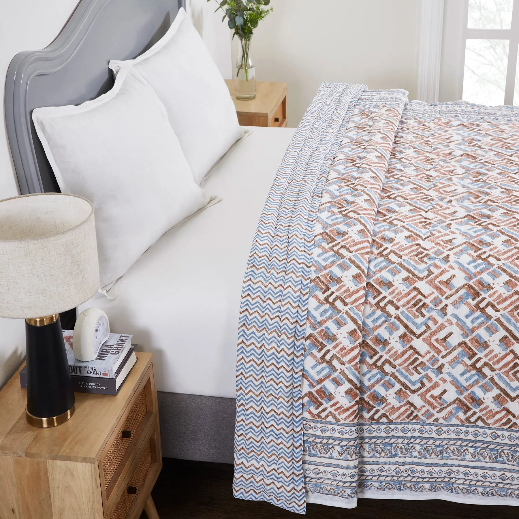 Alcissar Blue & Brown Hand Block Print Lightweight Cotton Quilt