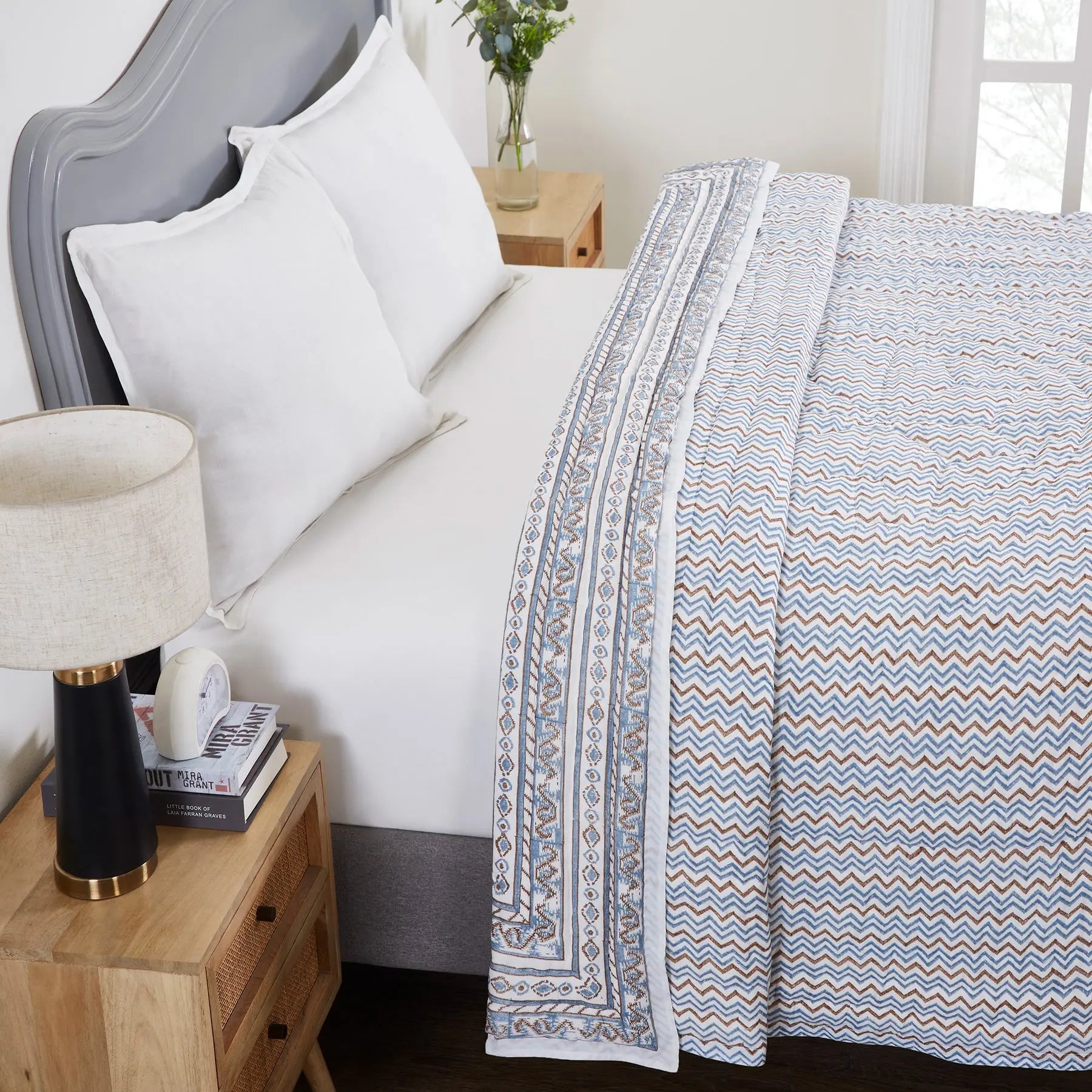 Alcissar Blue & Brown Hand Block Print Lightweight Cotton Quilt