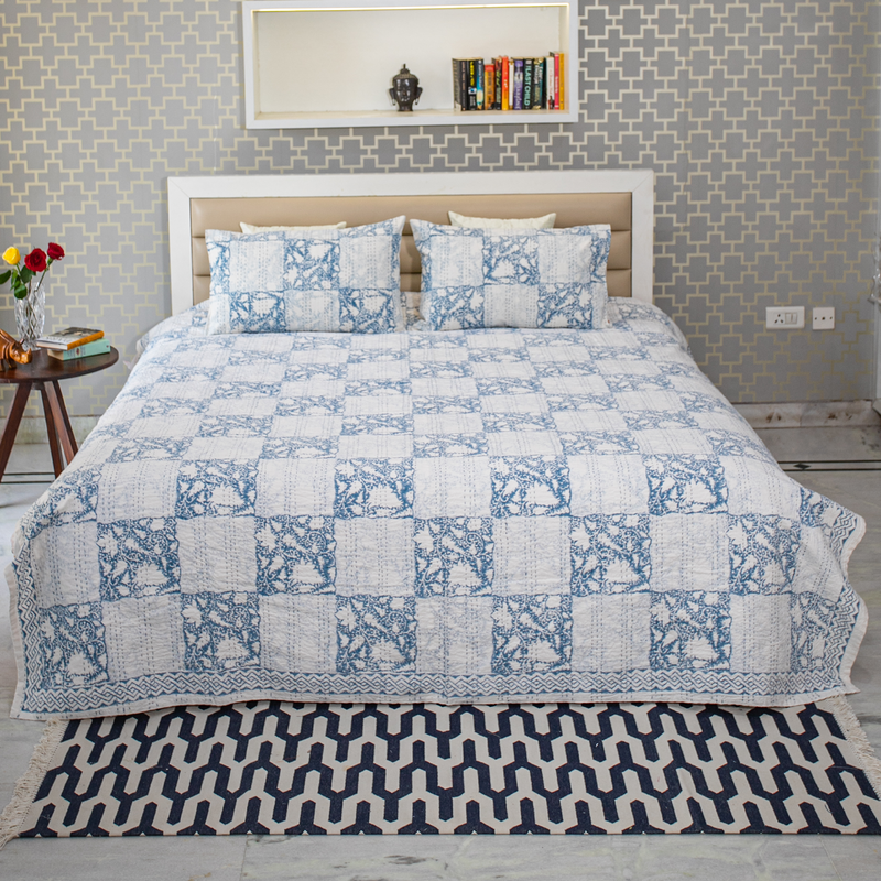 Blue Color Hand Block Printed Katha Bedcover with 2 Pillow Covers