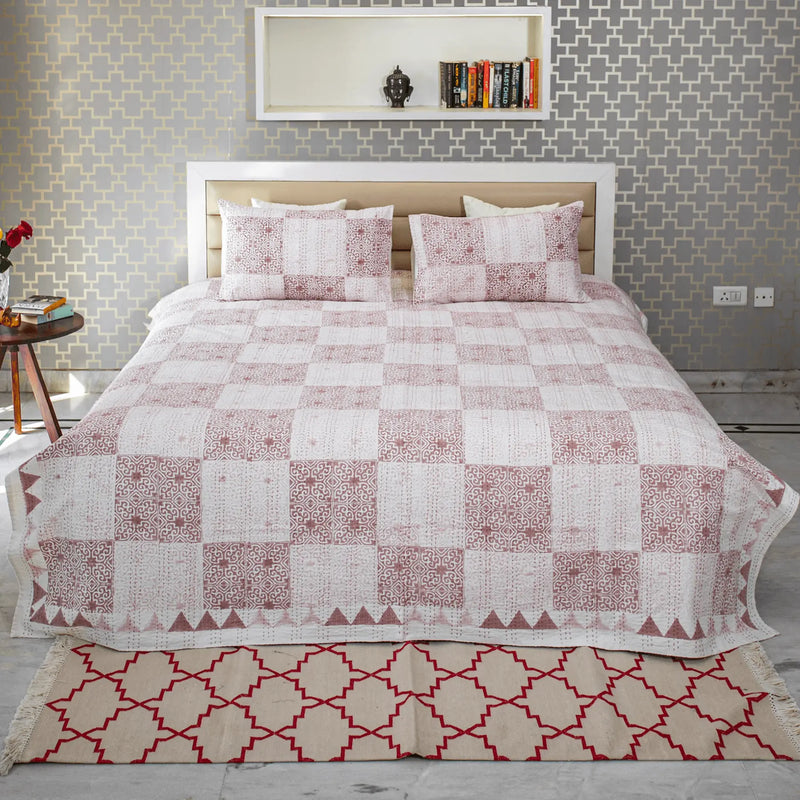 Pink Color Hand Block Printed Katha Bedcover with 2 Pillow Covers