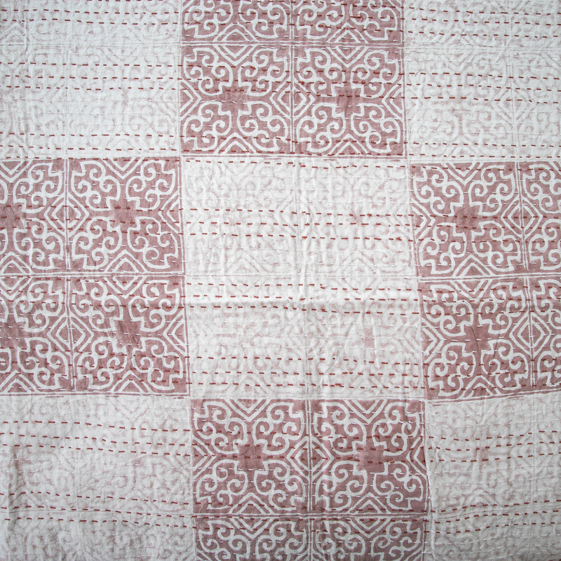 Pink Color Hand Block Printed Katha Bedcover with 2 Pillow Covers