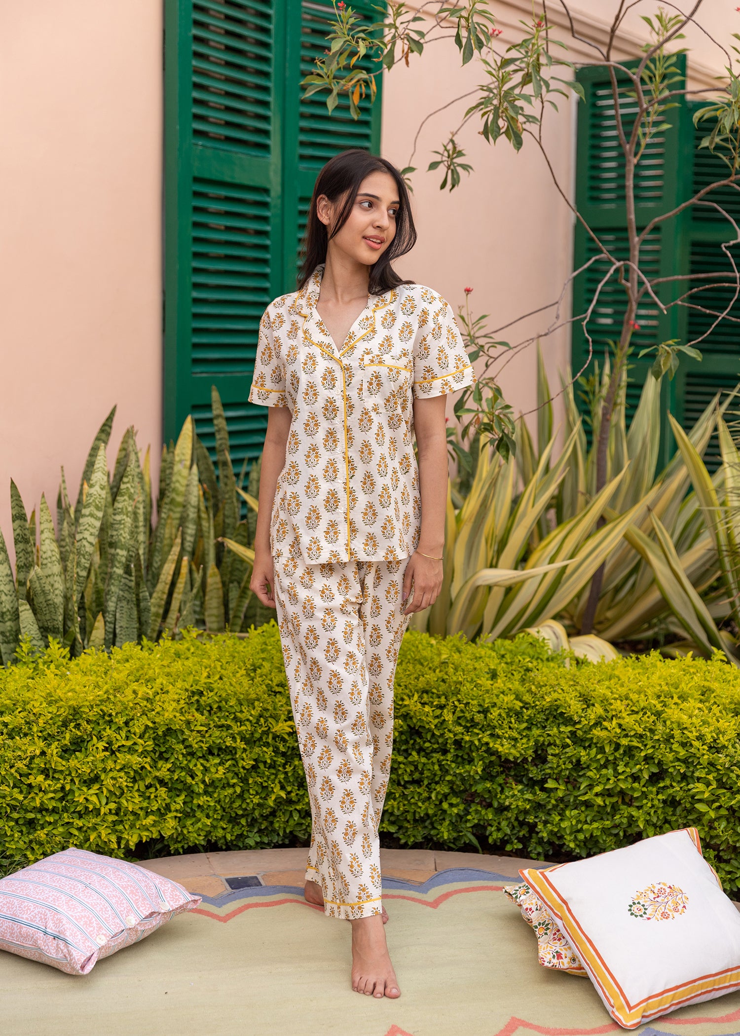 Cream & Mustard Regular Cotton Night Suit Set