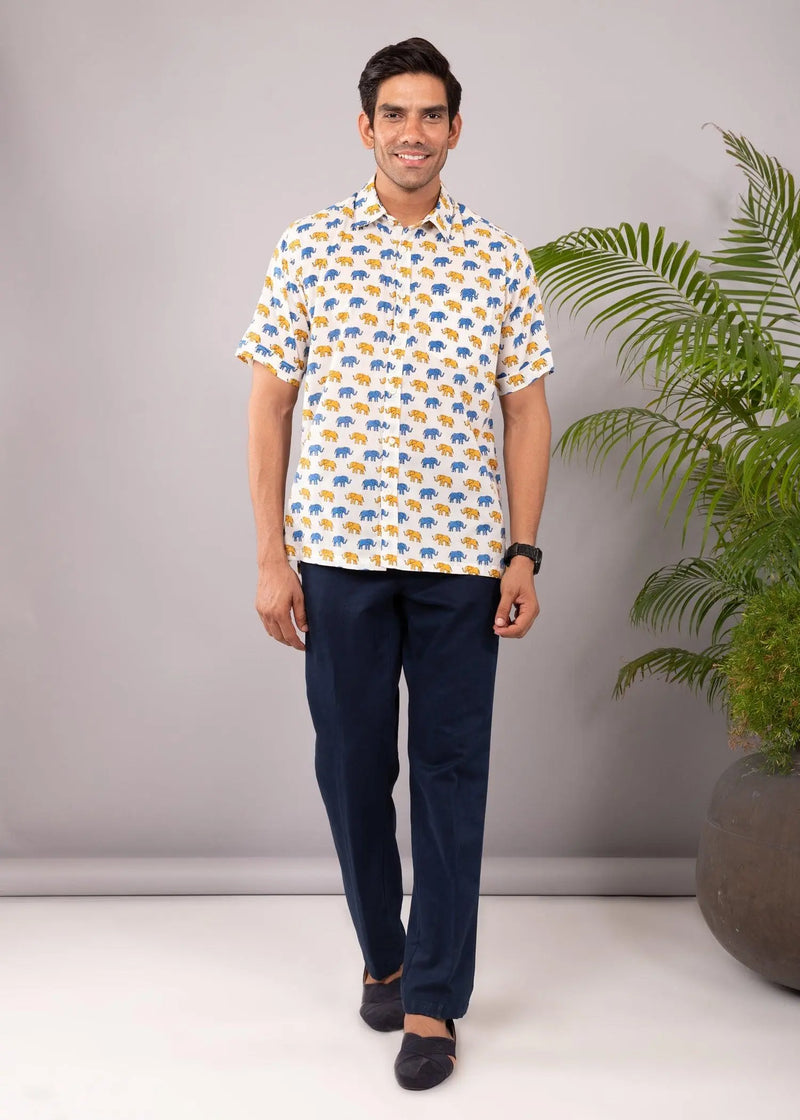 Blue & Mustard Regular Cotton Half Sleeves Shirt