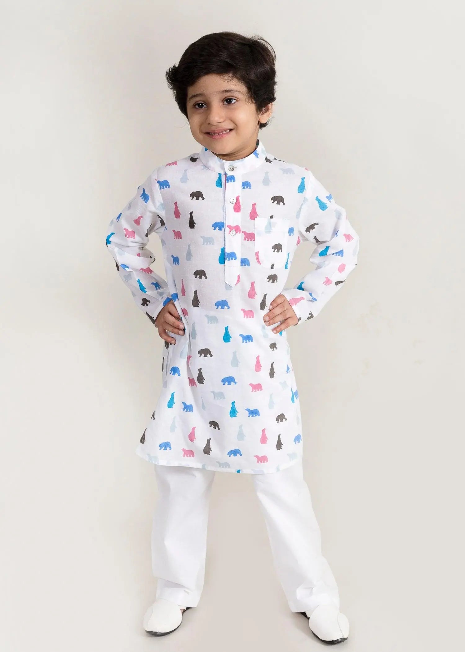 Bear White Cotton Kurta Boy (6 Months to 12 Years)