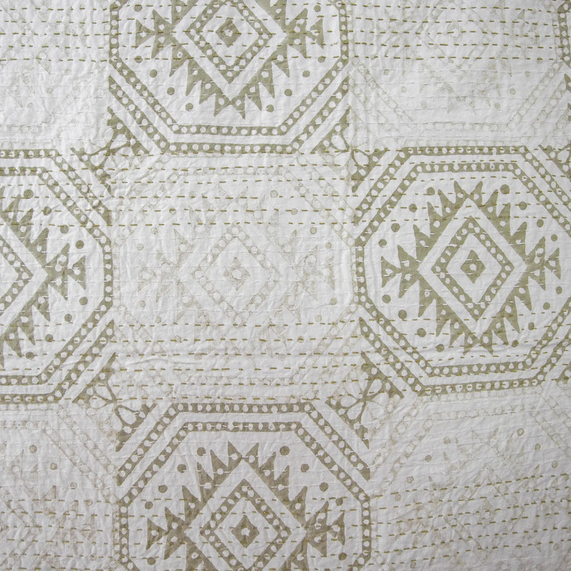 Beige Color Hand Block Printed Katha Bedcover with 2 Pillow Covers