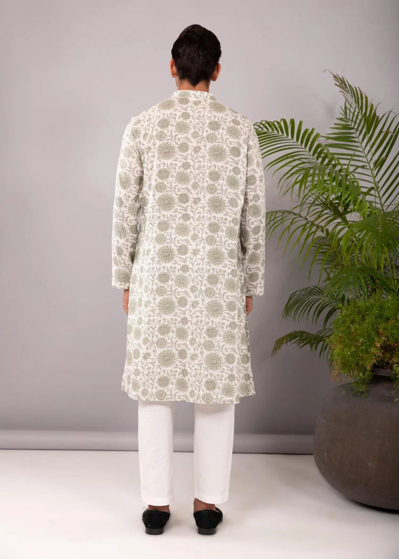 Cream Regular Cotton Full Sleeve Chinese Collar Long Kurta