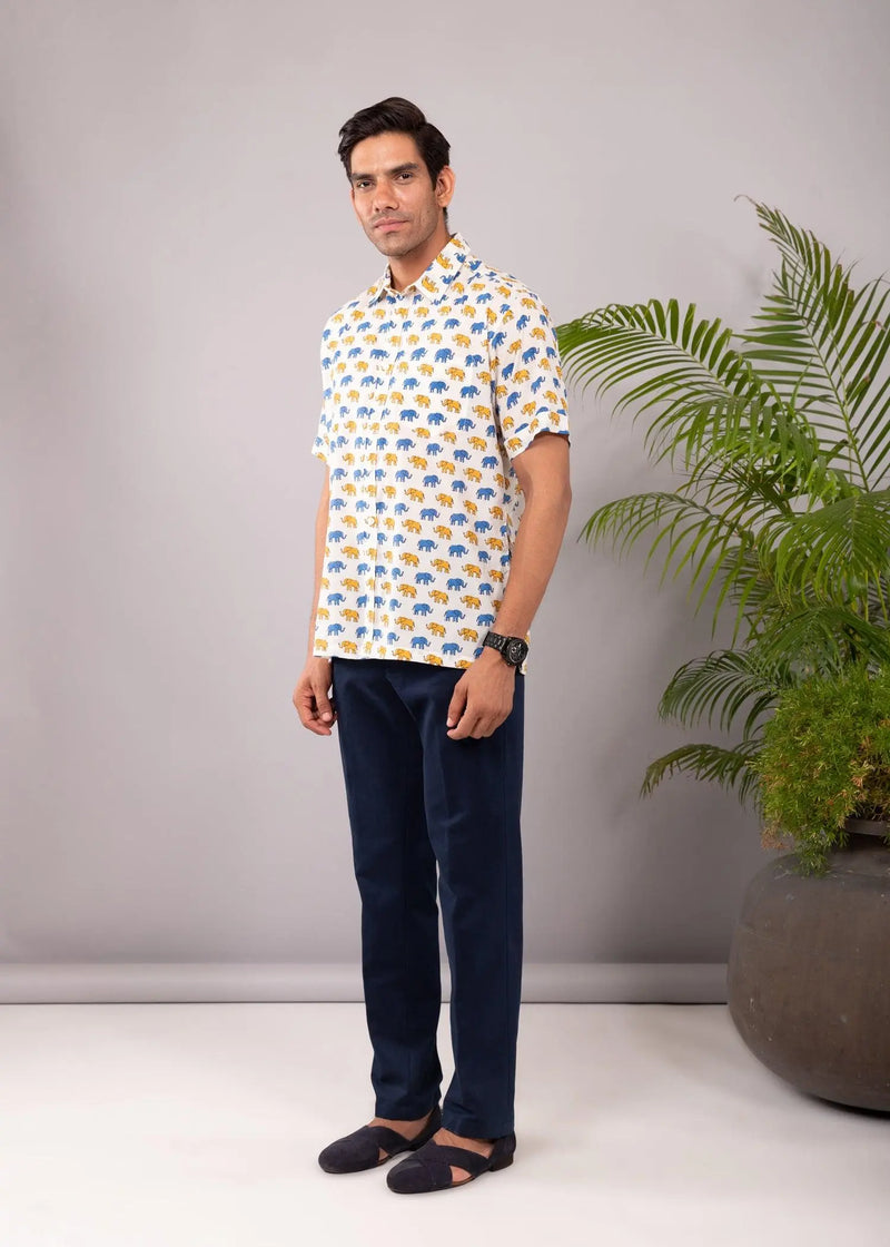 Blue & Mustard Regular Cotton Half Sleeves Shirt