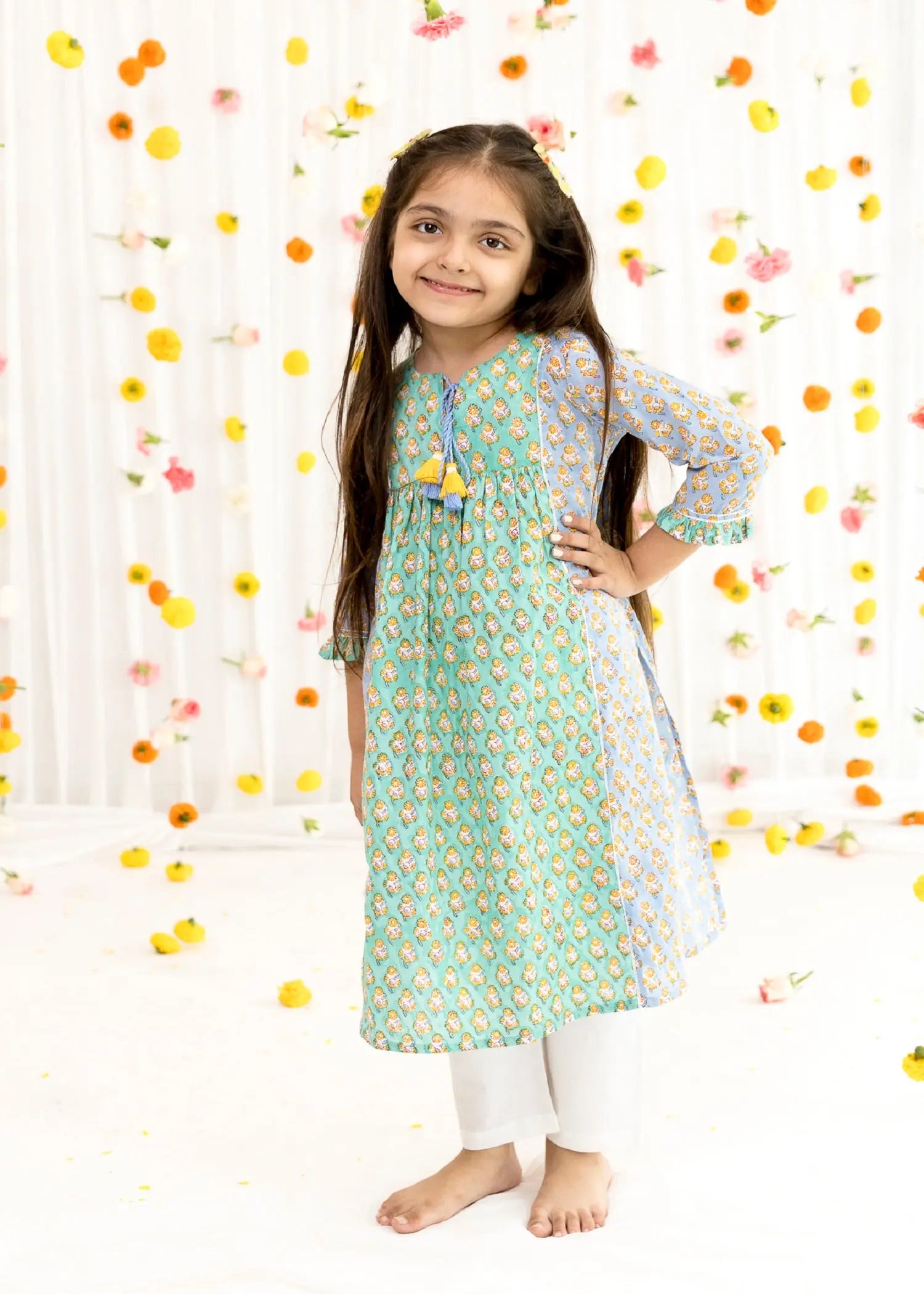 Green/Blue Cotton Vanya Kurta Girls (2-14 Yrs)