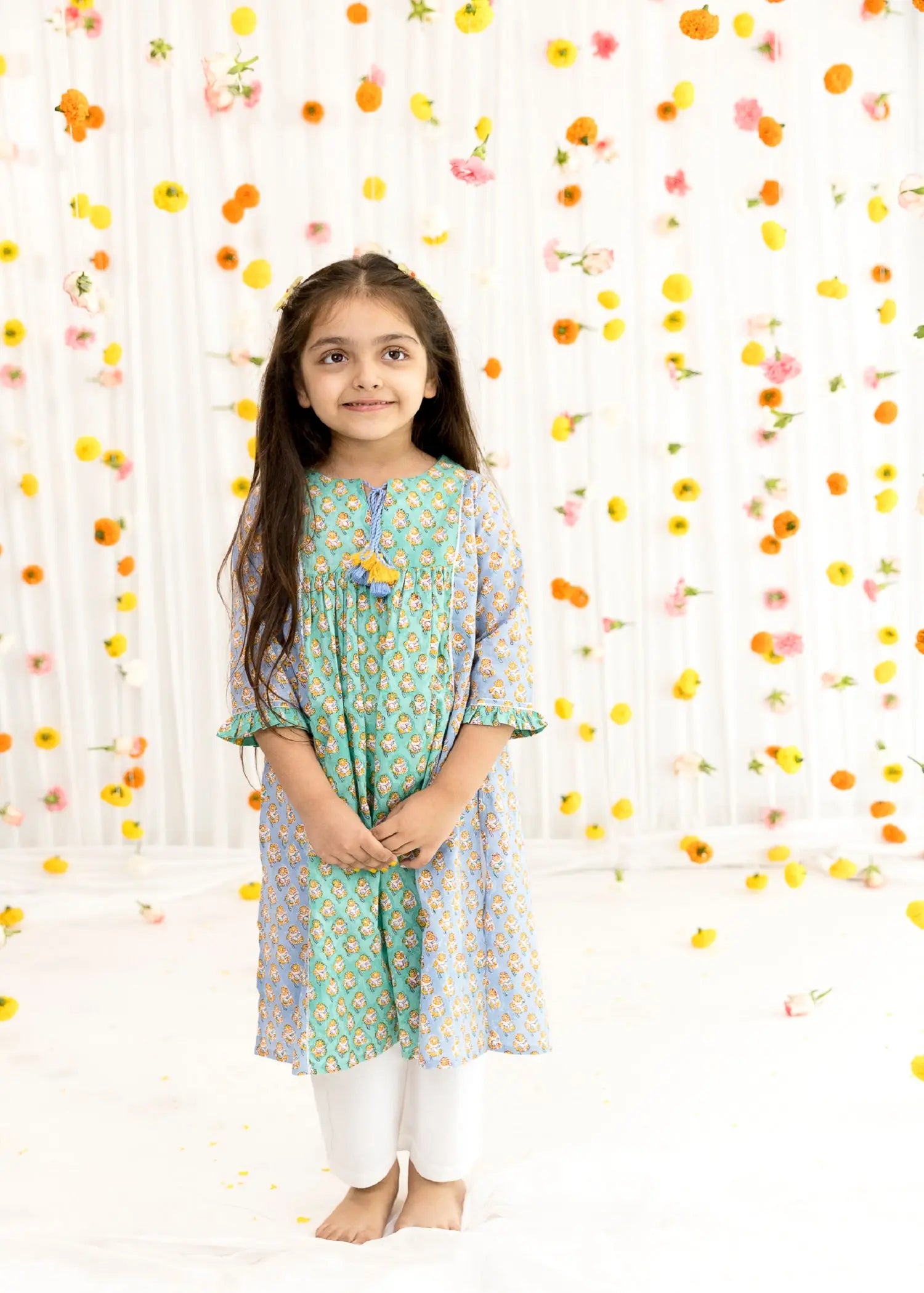 Green/Blue Cotton Vanya Kurta Girls (2-14 Yrs)