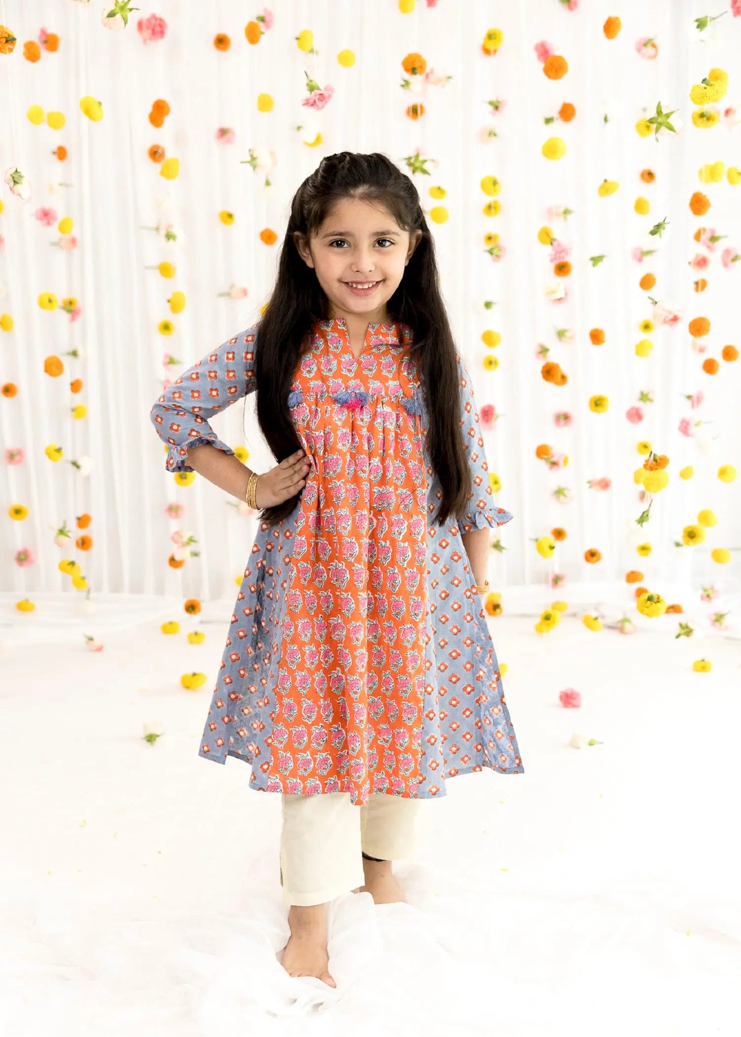 Orange/Blue Cotton Vanya Kurta Girls (2-14 Yrs)