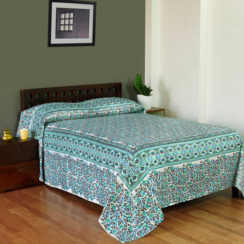 Allure Blue and Green Hand Block Print Glace Cotton Bed Cover