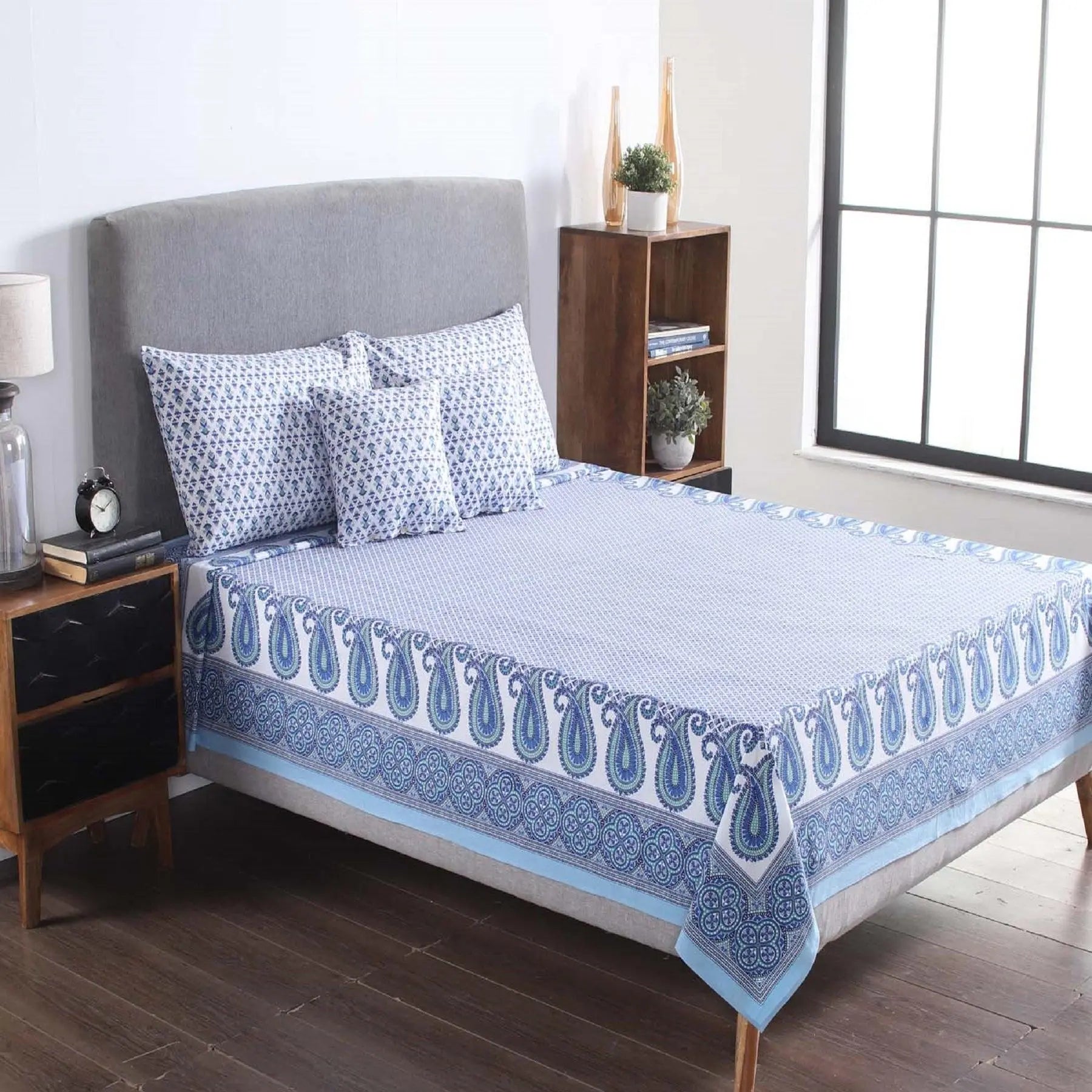 Paisley Blue Screen Print Cotton Bed Cover