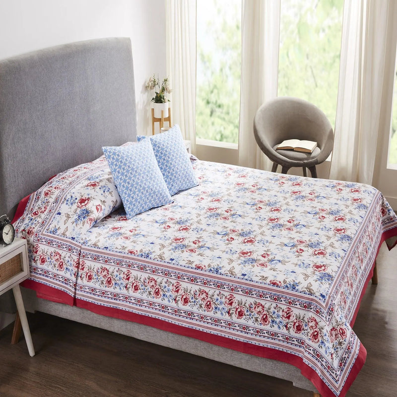 Rose Jaal Red & Blue Hand Screen Print Cotton Bedcover