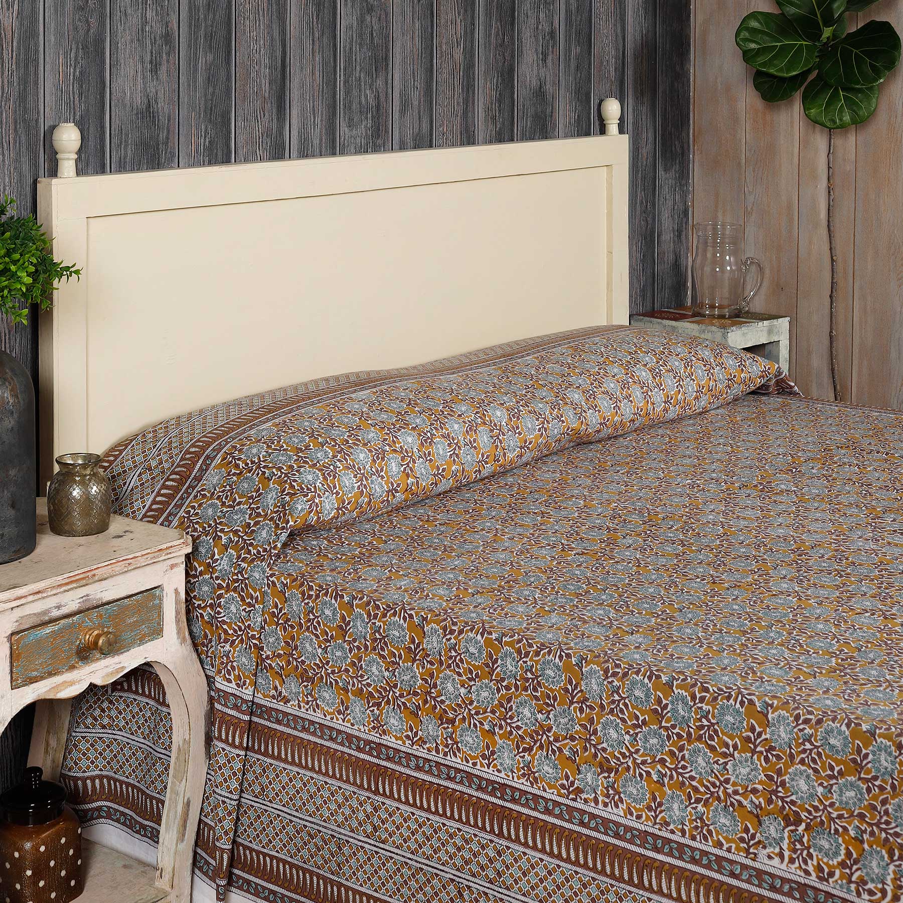 Tarang Jaal Mustard / Teal Hand Block Printed Cotton Bed Cover