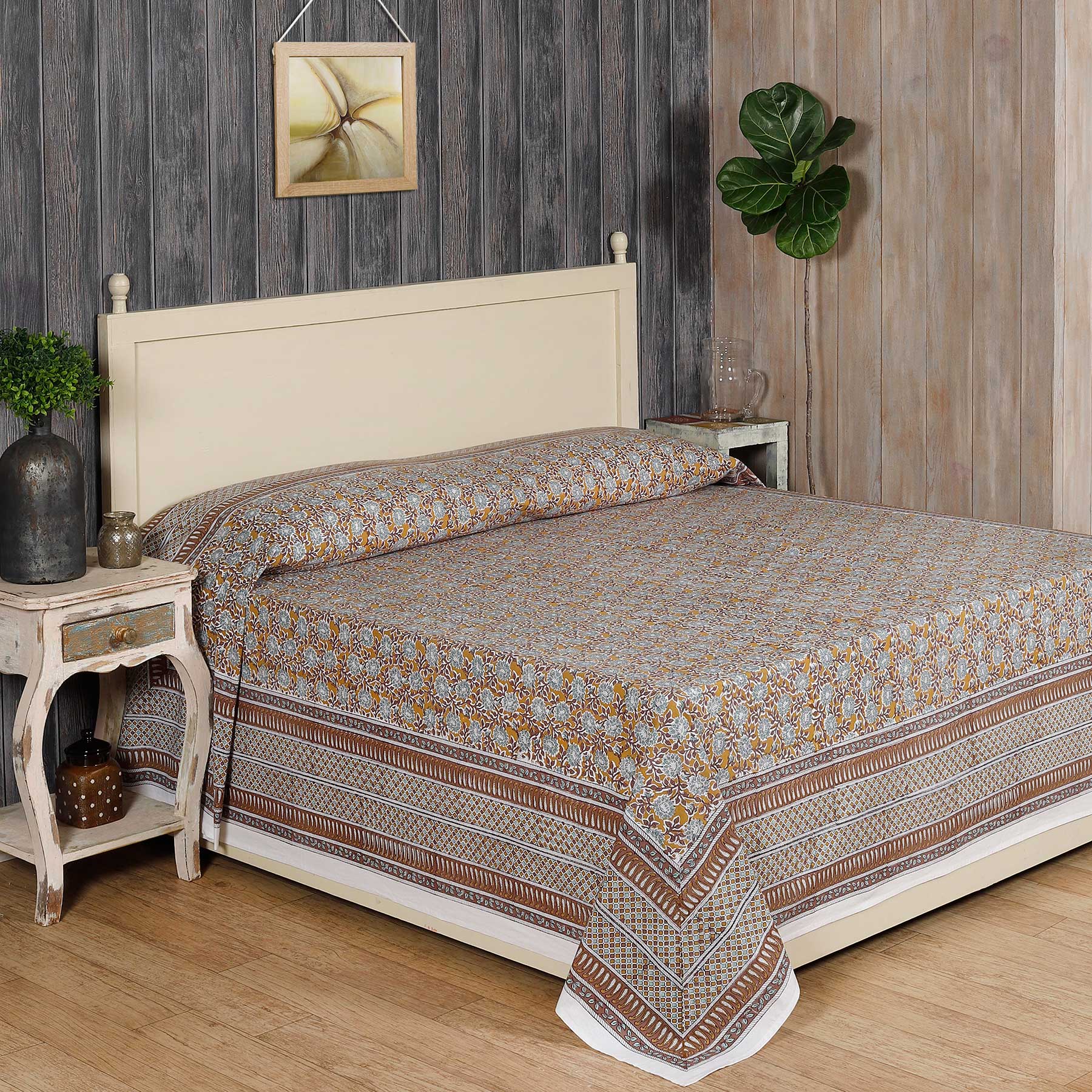 Tarang Jaal Mustard / Teal Hand Block Printed Cotton Bed Cover