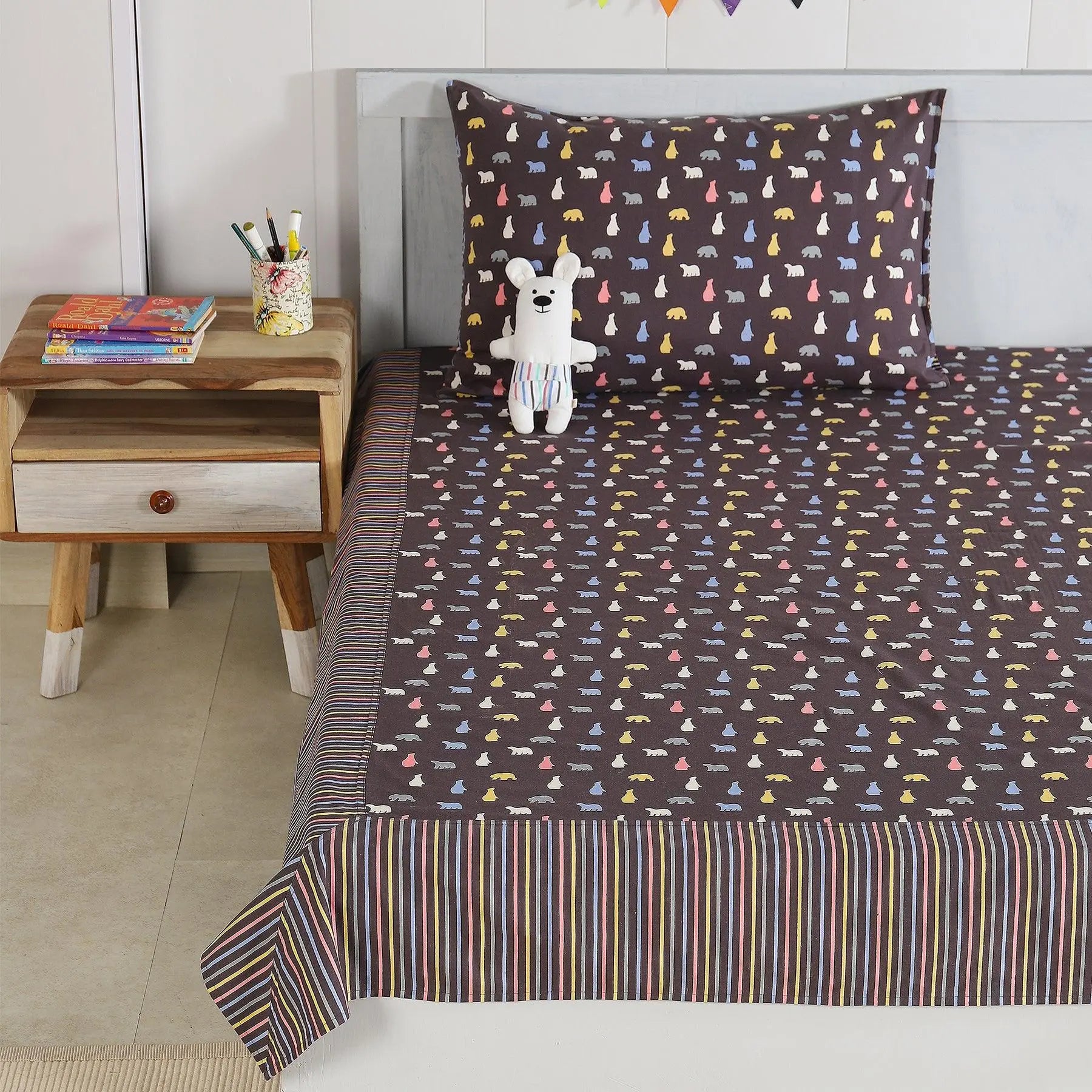 Stripes Brown Cotton Single Bedsheet with Pillow Cover Kids