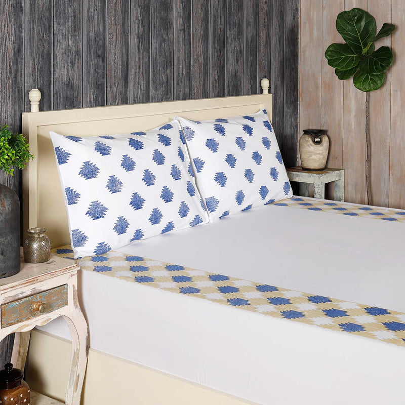 Galicha Beige / Blue 100% Cotton Block Printed Bedsheet With Two Pillow Covers