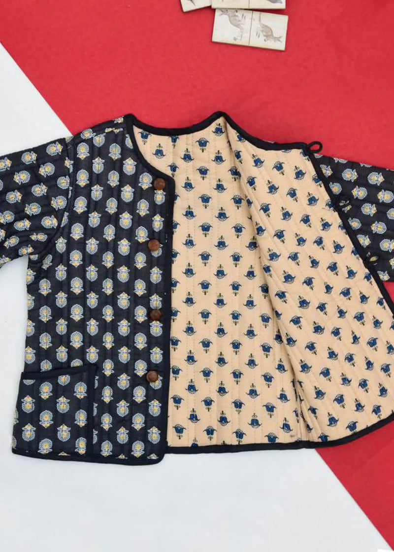 Black And Beige Quilted 100% Cotton Reversible Full Sleeve Jacket Unisex (0-12 Years)