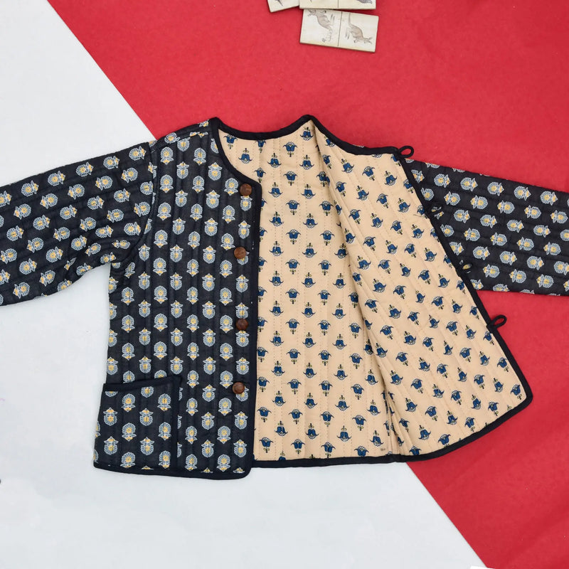 Black And Beige Quilted 100% Cotton Reversible Full Sleeve Jacket Unisex (0-12 Years)